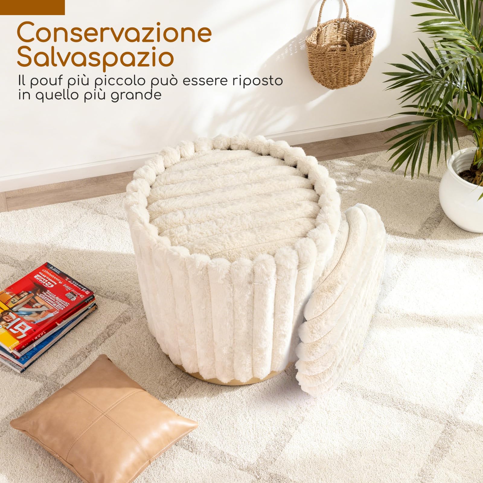 COSTWAY Set di 2 Pouf Contenitori Rotondi, 32L+21L, in Pelo di Coniglio | Sgabelli Contenitori Impilabili con Coperchi Rimovibili e Scomparti Nascosti per Soggiorno e Camera da Letto