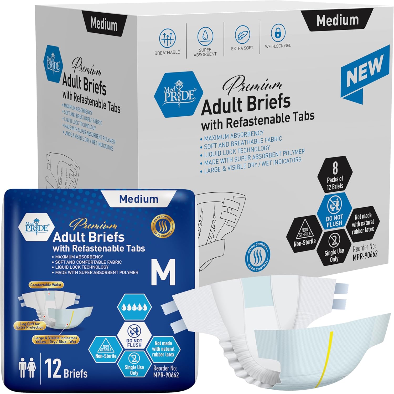 MED PRIDE Maximum Absorbency Adult Briefs for Incontinence with Refastenable Tabs - Ultra-Absorbent Adult Diapers for Men & Women- Bladder Control Unisex Disposable Underwear (Medium - Case of 96)