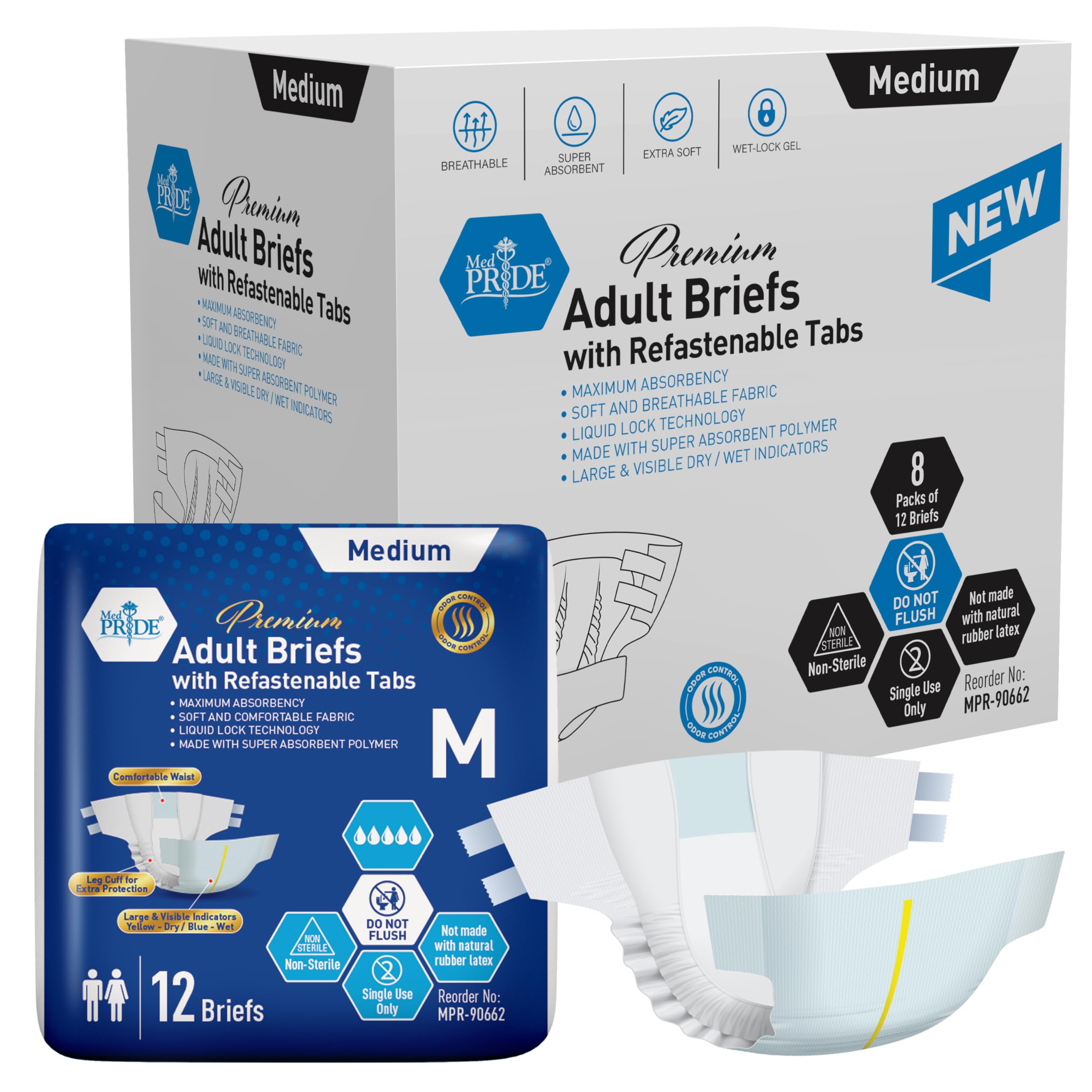 MED PRIDE Calzoncillos para adultos de máxima absorción para incontinencia con pestañas reabrochables [M, caja de 96] - Pañales ultra absorbentes para adultos para hombres y mujeres, ropa interior
