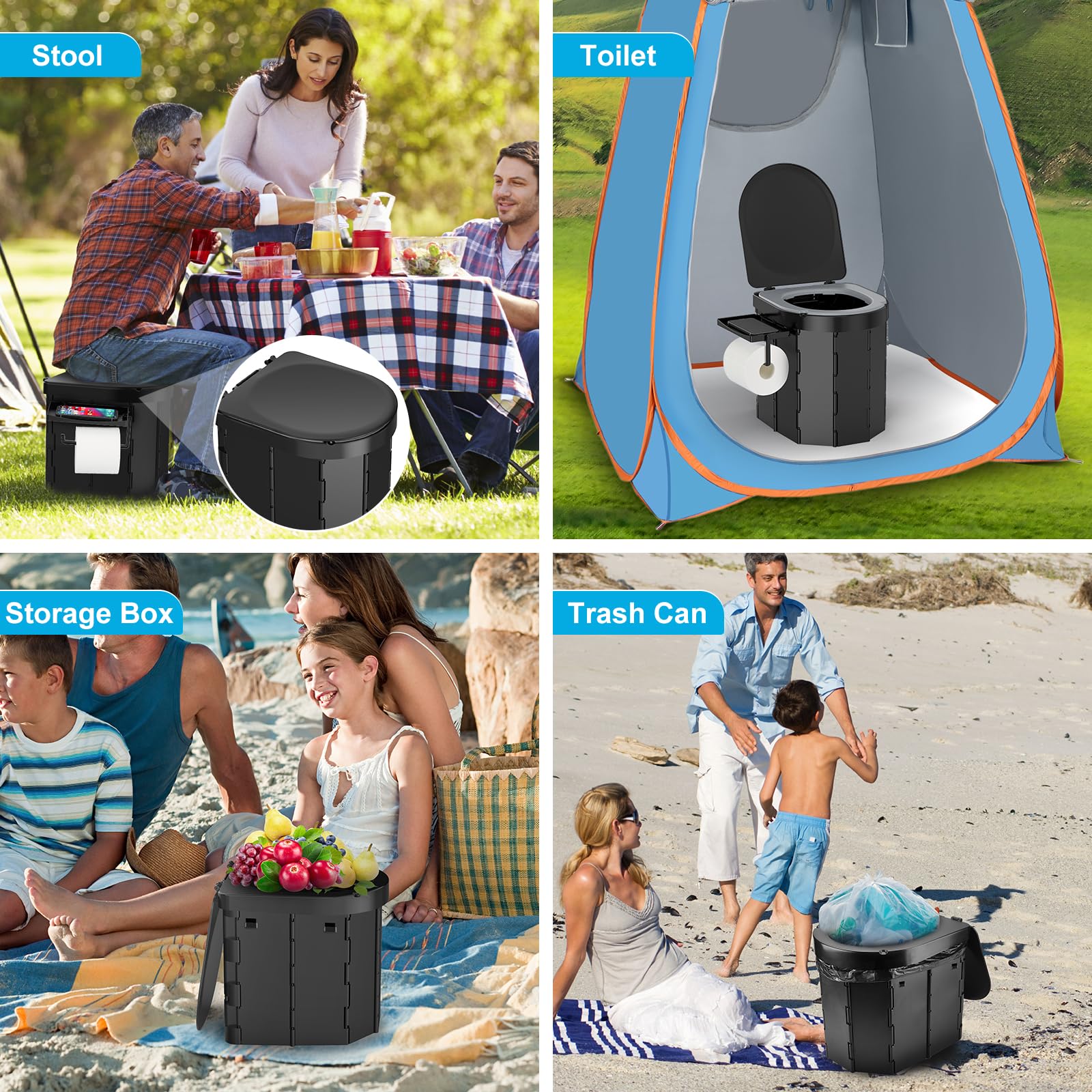 WADEO WC da Campeggio aggiornato, Portatile per Adulti, Pieghevole con Coperchio e portarotolo, Perfetto per Viaggio, Auto (Sedile morbido - Porta telefono)