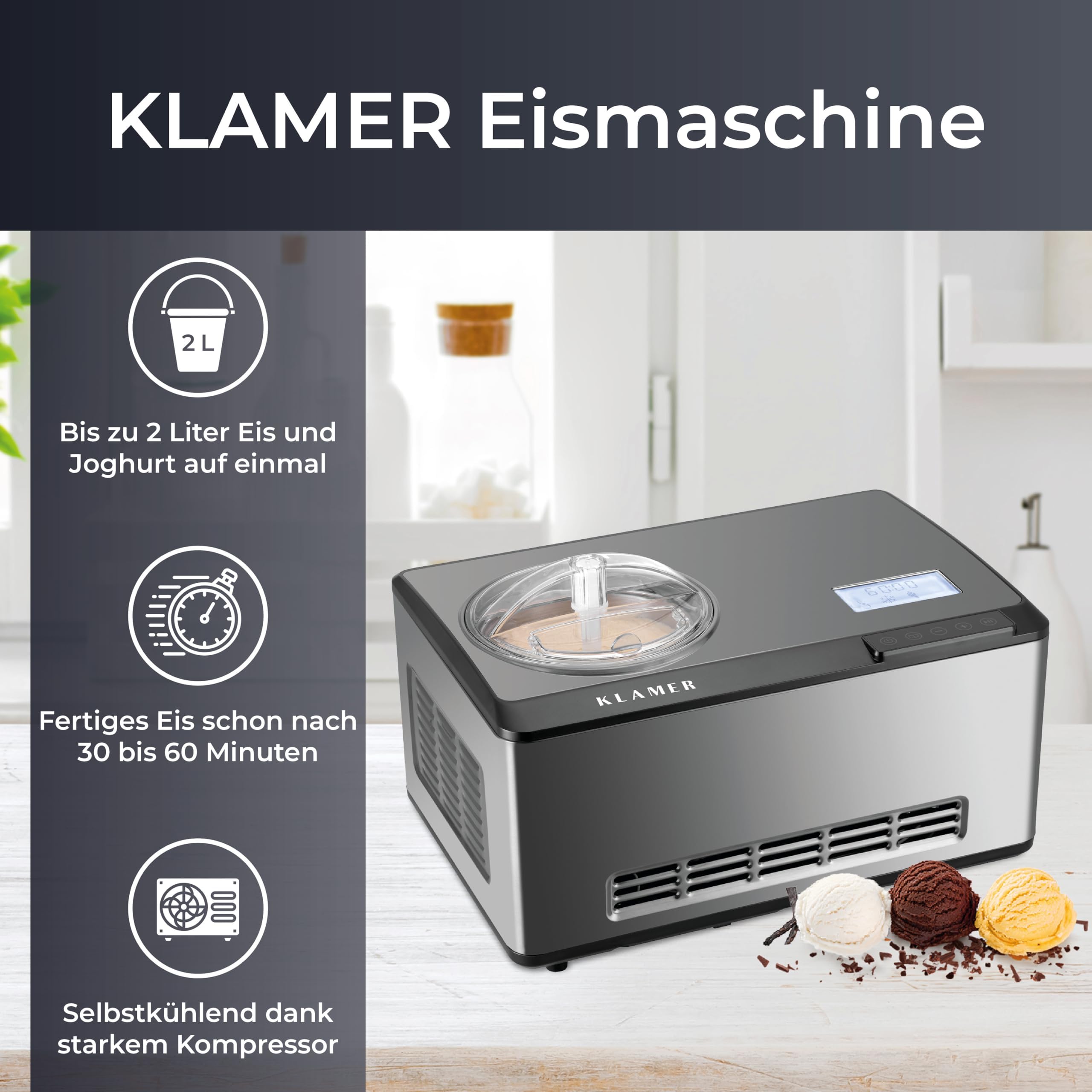 KLAMER 2-in-1 Eismaschine & Joghurtbereiter 2 L, 180 W Eiscrememaschine aus Edelstahl mit Kühl- und Heizfunktion, hausgemachtes Speiseeis mit selbstkühlendem Kompressor, mit digitalem Rezeptbuch