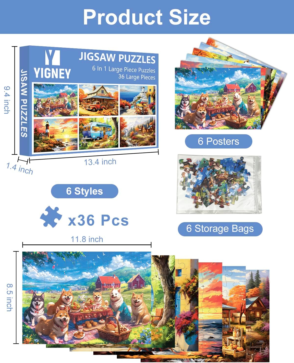 Yigney 6 Pack 36 Large Piece Jigsaw Puzzles for Seniors Alzheimer Product for Elderly Dementia Activities Memory Game for Patients in Nursing Home with Storage Box
