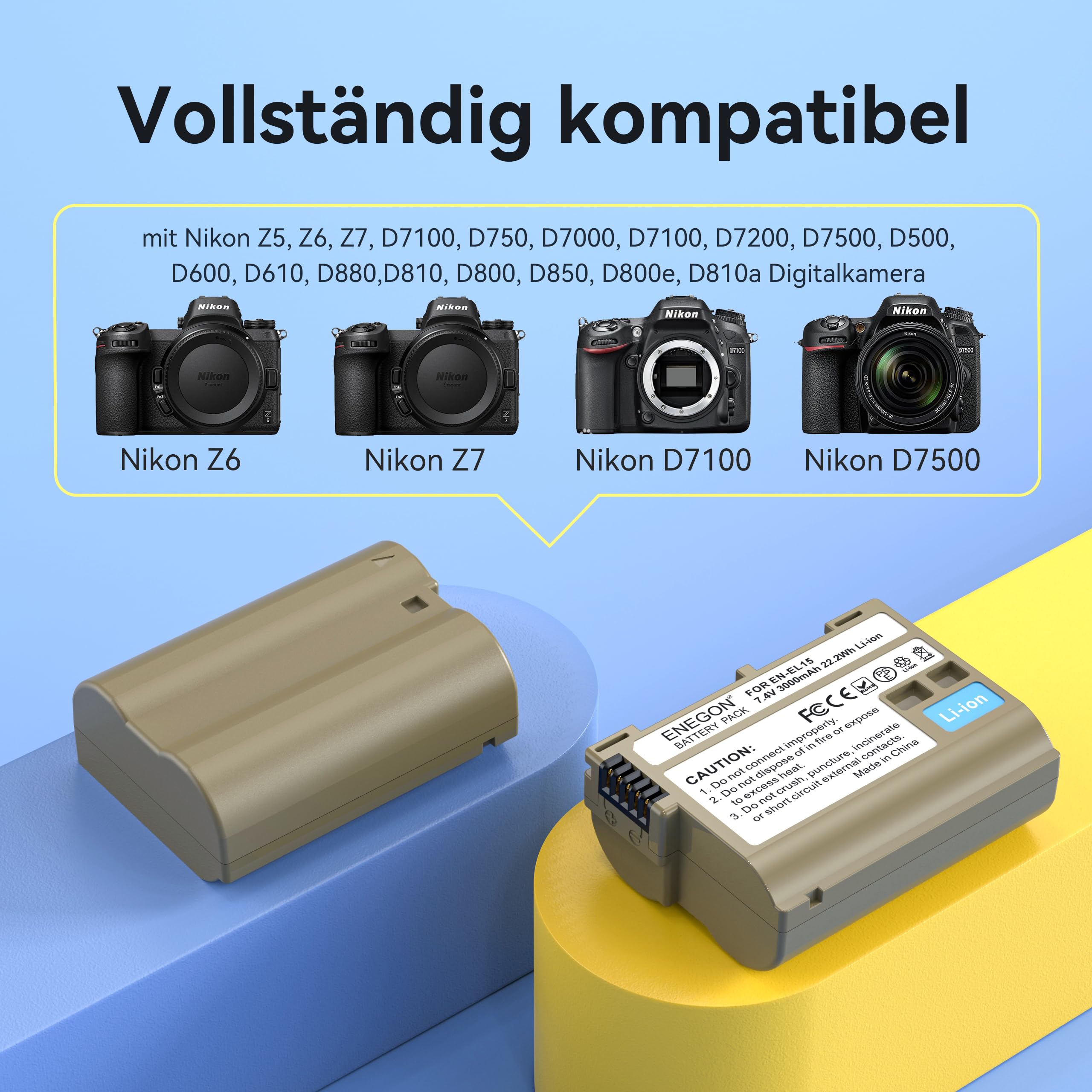 ENEGON EN-EL15/EL15C Dual akku (3000mAh) und 20W Storage Schnellladegerät Set kompatibel mit Nikon Z5,Z6,Z7,Z8,Z6iii,ZF,D7000,D7100, D7200, D7500, D610, D810,D800 D600 D800e D850 D880 Digitalkamera
