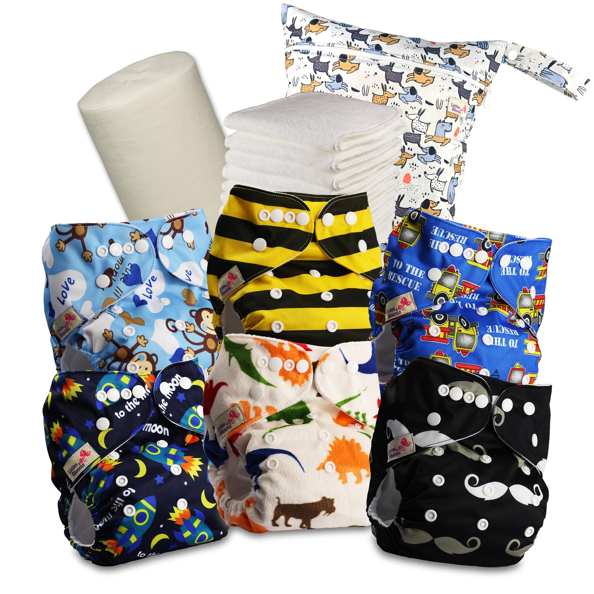 Littles & Bloomz Pañales de Tela – Pañal de Bolsillo con Broches, Pack 6 con 6 Insertos de Microfibra, Forro de Bambú y Bolsa Impermeable, 637PM6