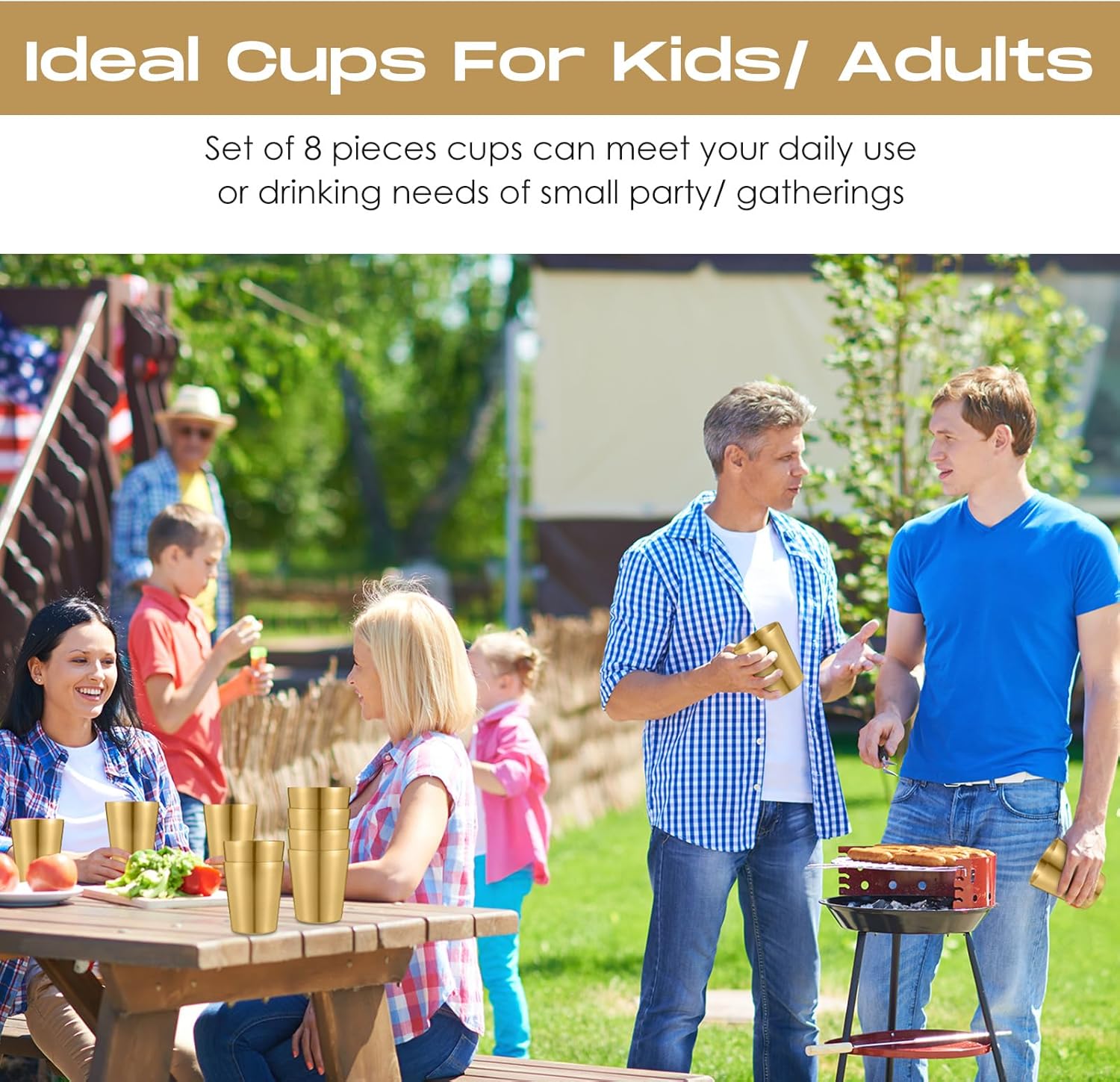 Mimorou 8 Pack Stainless Steel Insulated Cup 8.8 oz Metal Tumbler Double Wall Vacuum Water Glasses Camping Reusable Mugs BBQ Home Office Party Coffee(Gold) - Image 5