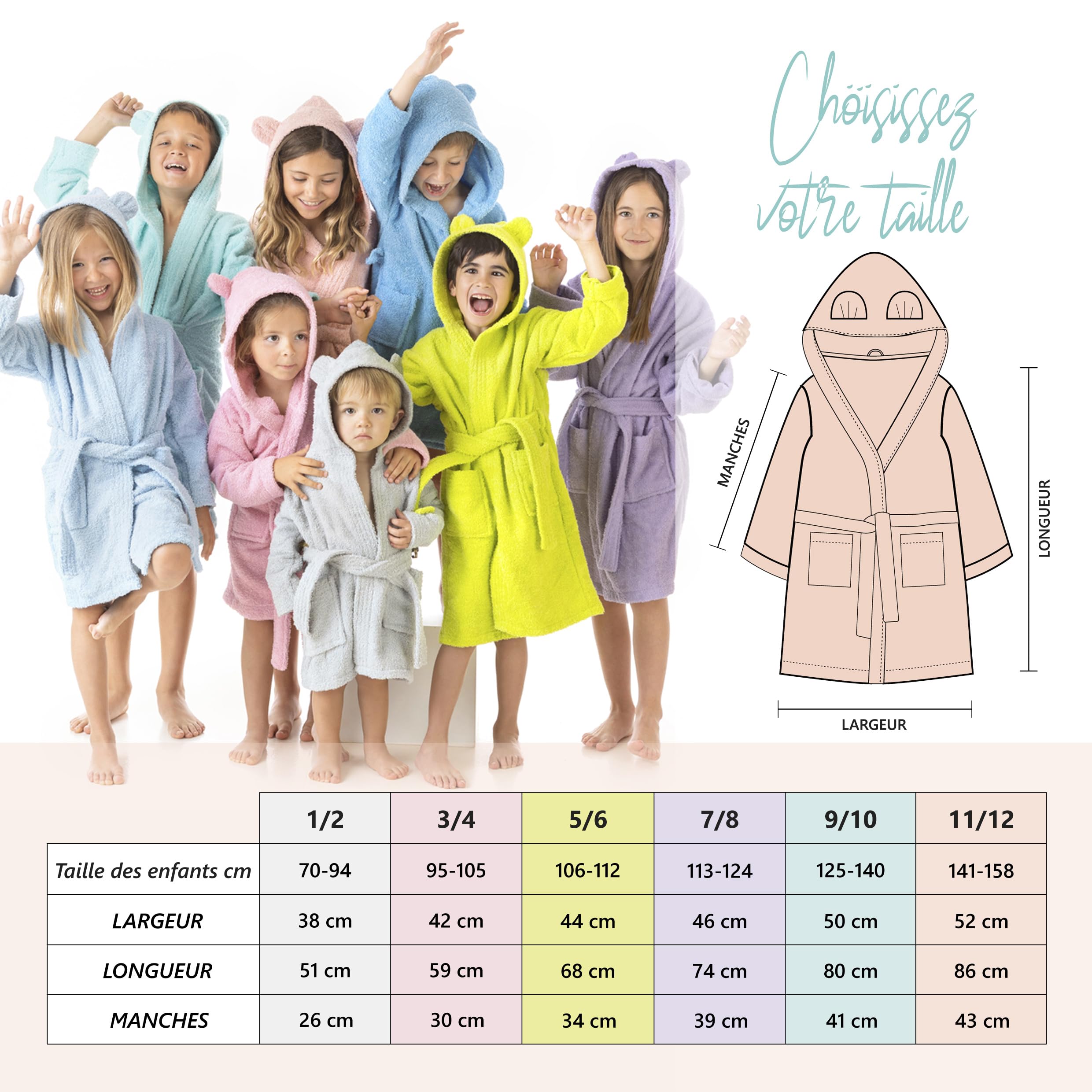 LEBENGOOD - Peignoir de bain enfant, et Robe de Chambre: Fille et Garçon - 100% coton OEKO-TEX®. - 2 poches, ceinture, Capuche avec Oreilles, en peluche très doux
