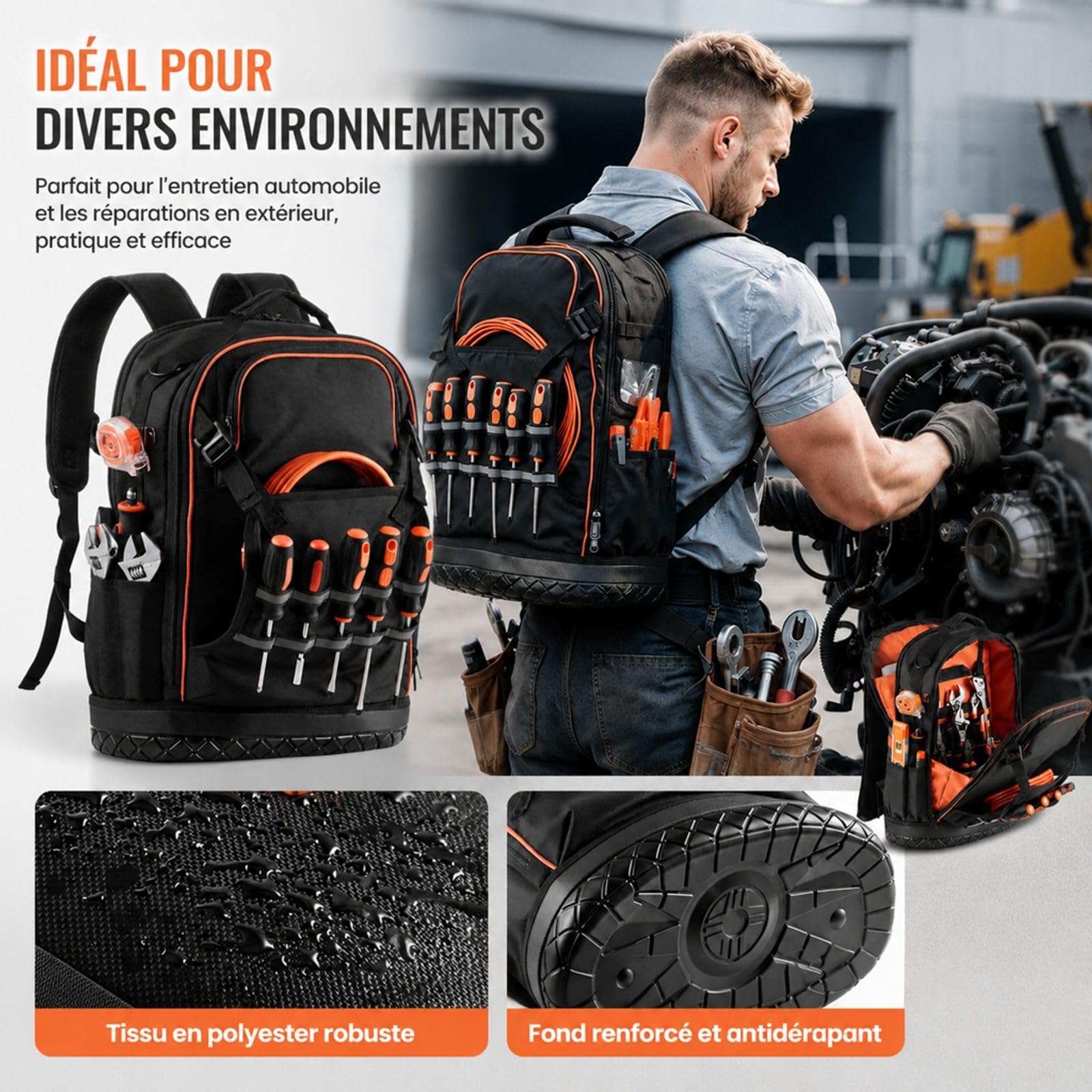 Sac à dos à outils avec 65 poches pour chantier et électricien