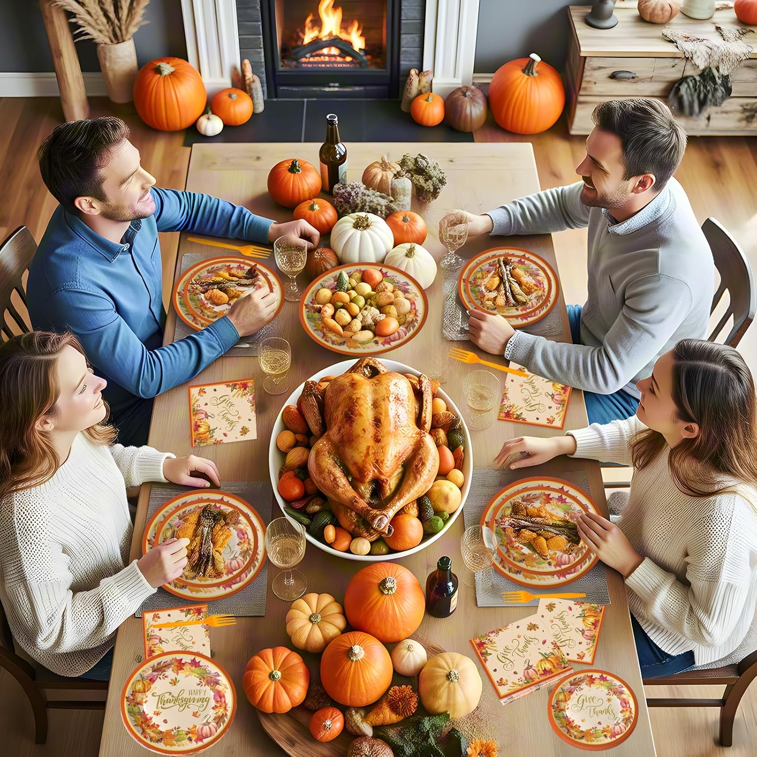 150 Pack Happy Thanksgiving Plates and Napkins Sets - Disposable Fall Paper Plates Napkins Dinnerware, Give Thanks Heavy Duty Dessert Dinner Plate for Thanksgiving Party Supplies Table Decor, Serve 50