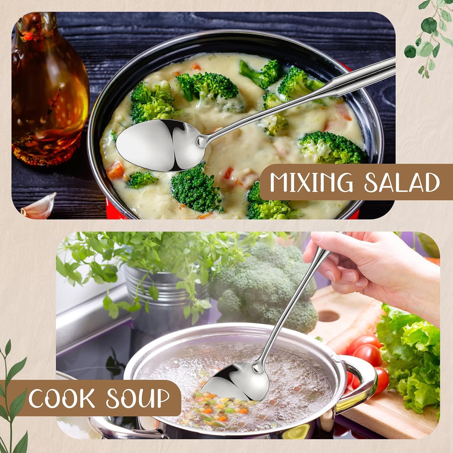 2 Pcs Stainless Steel Cooking Spoon, 18'' Large Stainless Steel Solid Serving, Basting Spoon for Cooking, Kitchen Non-stick and Heat Resistant, Dishwasher Safe, Easy to Clean