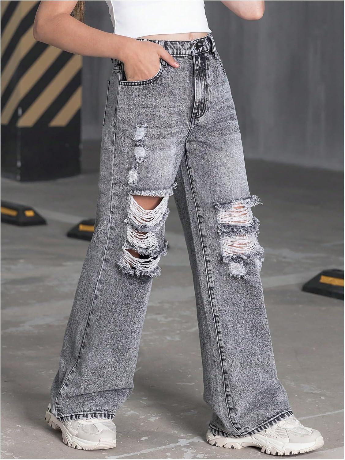 Floerns Girl's Elastic High Waisted Ripped Baggy Jeans Wide Leg Distressed Denim Pants - Image 4