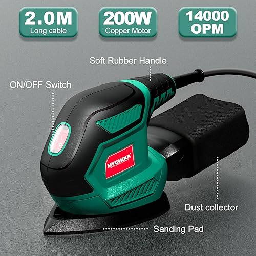 Miniatura 8 de HYCHIKA - Lijadora de detalles, 14,000 OPM, herramienta eléctrica compacta con 12 papeles de lija, sistema de recolección de polvo eficiente,