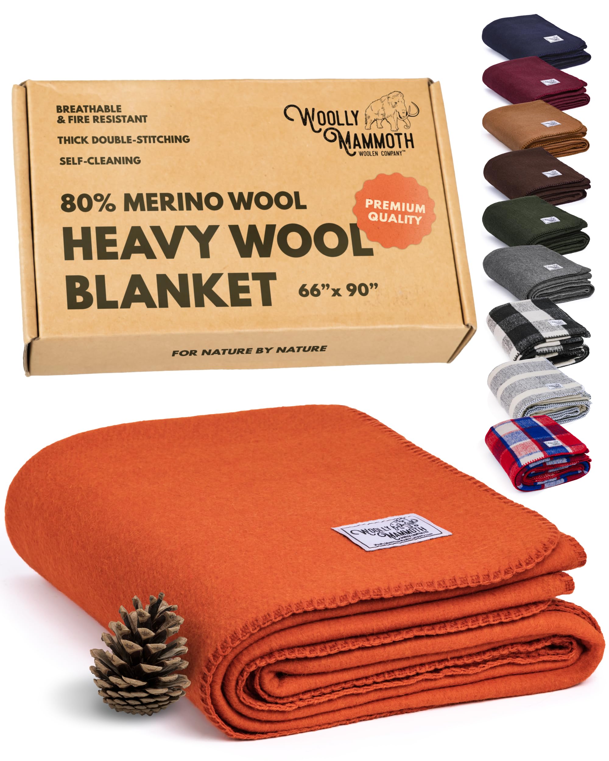 Woolly Mammoth Woolen Company Merino Wool Blanket - 66" x 90", 4 lb Orange - Heavyweight Insulated & Breathable Outdoor Throw Blanket for Camping, Hiking & Emergency Use