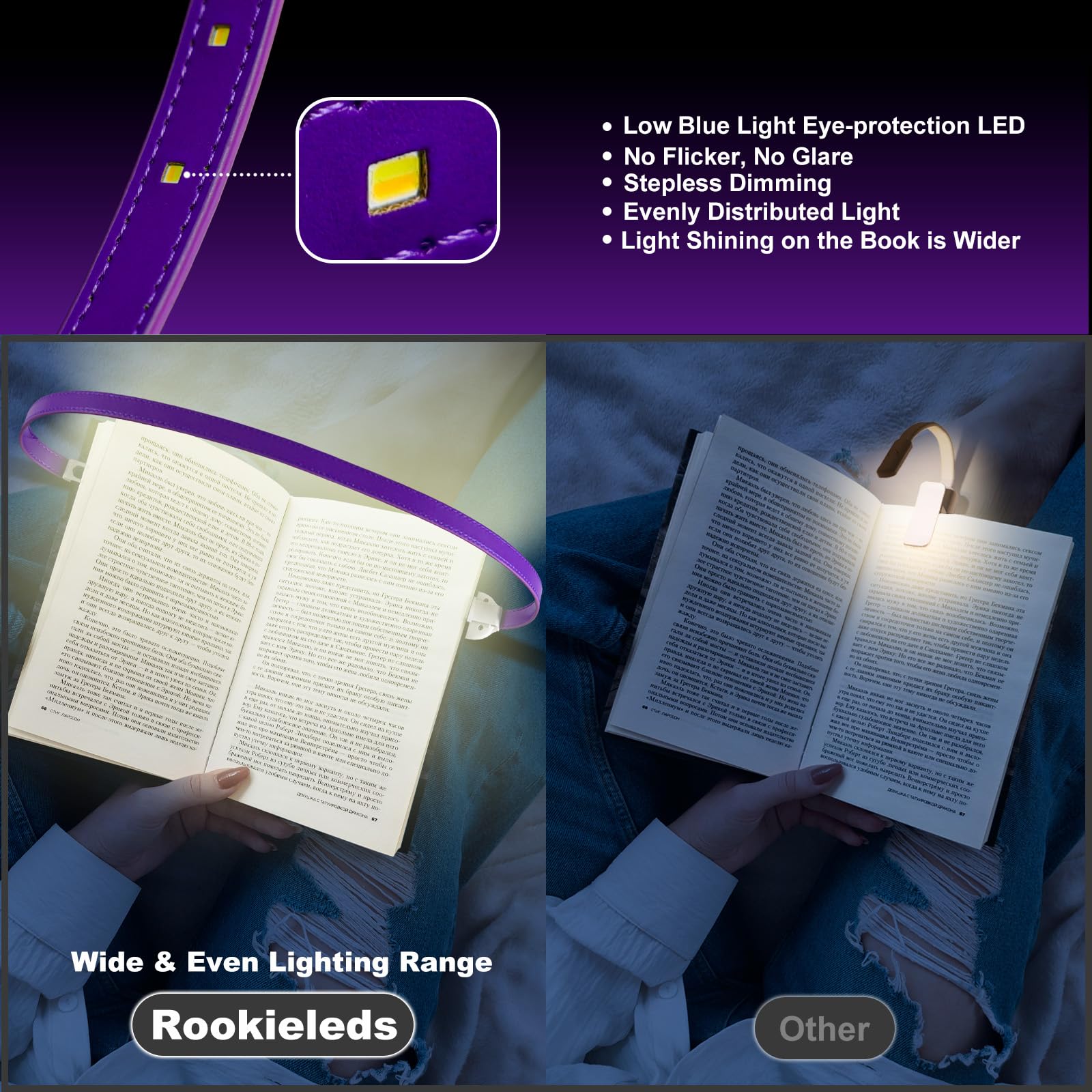 ROOKIELEDS Luz de libro recargable para leer, 12 luces LED de lectura para el cuidado de los ojos, 4 temperaturas de color, atenuación continua, sin parpadeo, iluminación distribuida uniformemente
