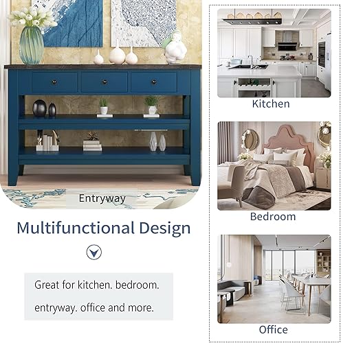 Miniatura 188 de Mesa consola de madera maciza de 48 pulgadas, mesa auxiliar moderna para sofá de entrada con 3 cajones de almacenamiento y 2 estantes. Fácil de