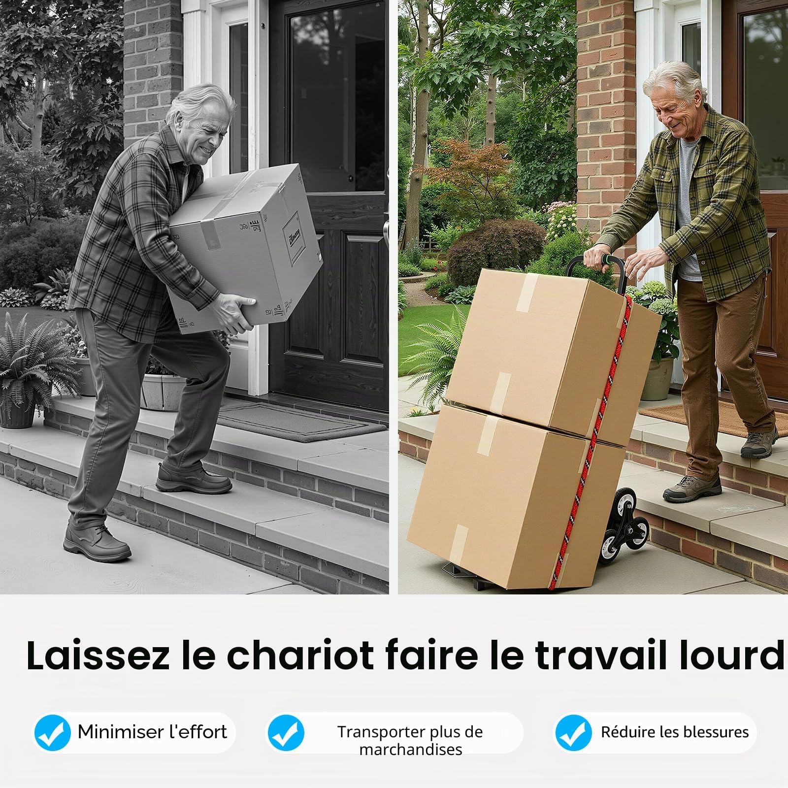 Diable pliable pour charges lourdes 150kg monte-escalier à roues étoilées triple, transporter, diable d'escalier avec 2 pneus de rechange, hauteur réglable 73-114cm, chariot empilable
