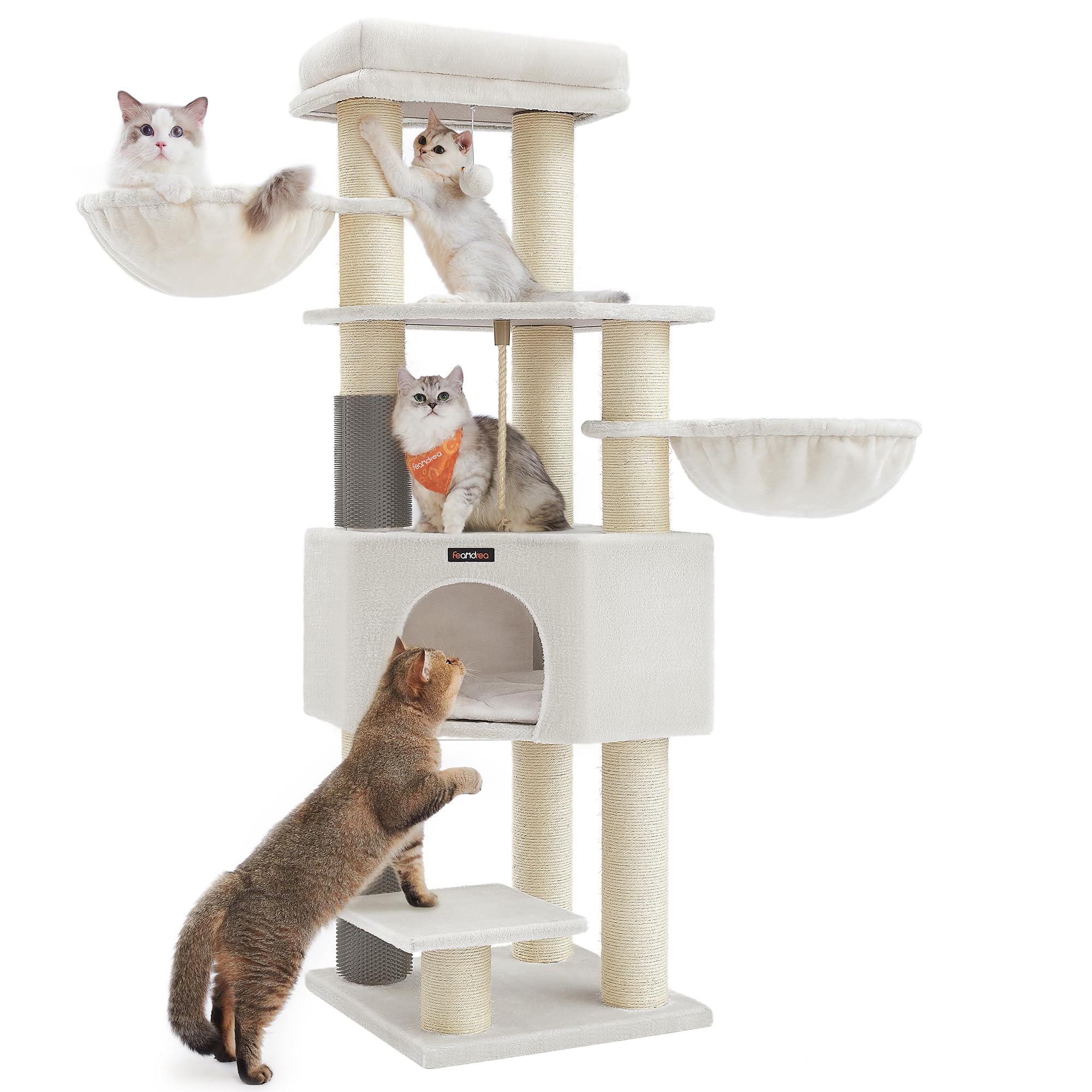 Feandrea Cat Tree for Large Cats, Heavy-Duty Cat Tower with Warm Pads, 2 Self-Groomers, 9 Scratching Posts, Large Perch, Cave, Baskets, 50 x 50 x 160 cm, Cream White and Beige PCT003W02