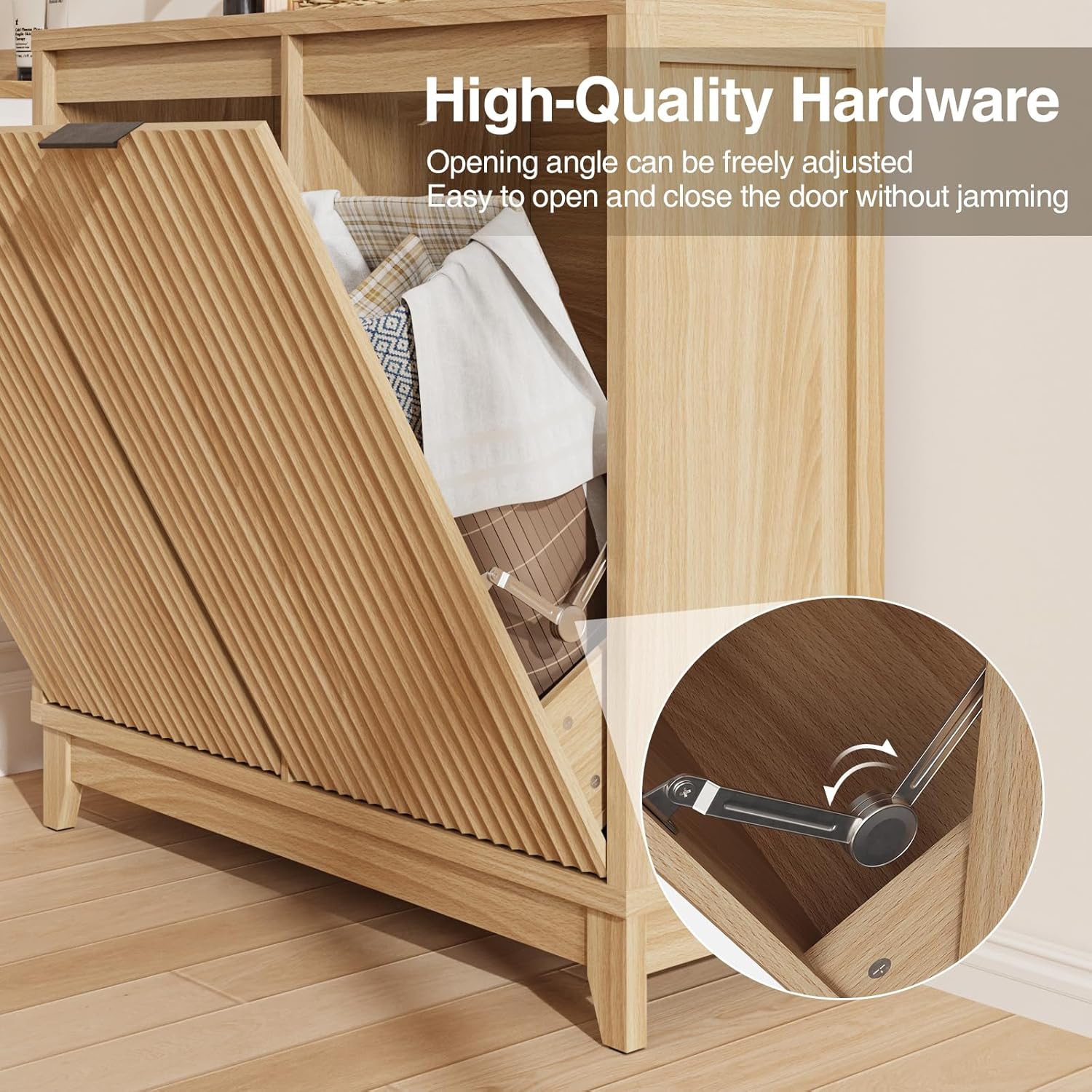 Double Tilt Out Trash Can Cabinet with Odor Control, Outlets, Fluted Trash Cabinet 13 Gallon Hidden Bin Storage, Modern Kitchen Cabinet with Soft-Close Door, Laundry Hamper Cabinet for Bathroom