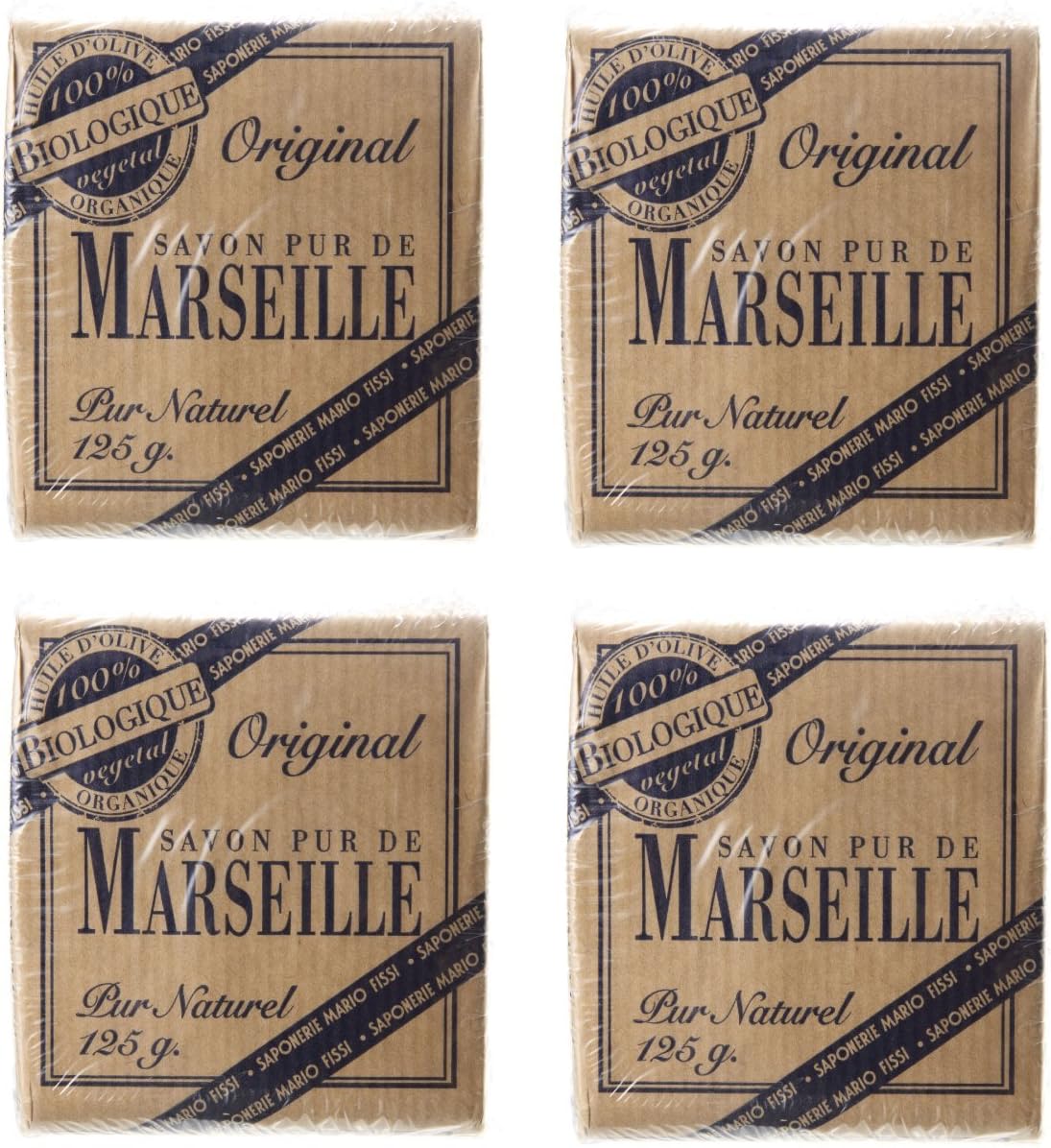 Set of 4 Pure Natural Marseille Soaps 4.4 Ounce (125gr) Packages (Pack of 4) [ Italian Import ]