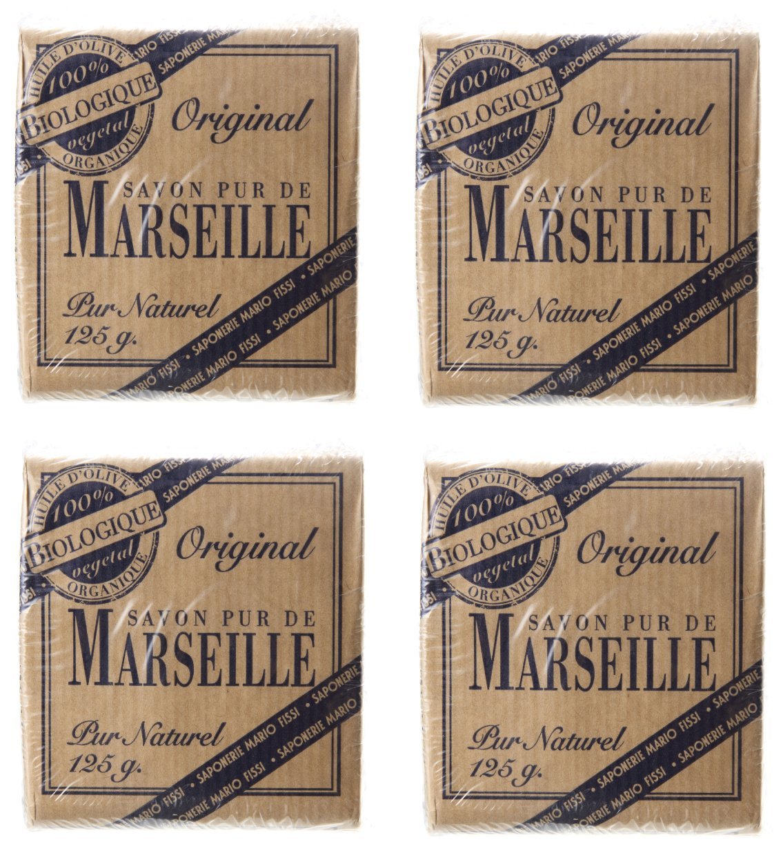 Set of 4 Pure Natural Marseille Soaps 4.4 Ounce (125gr) Packages (Pack of 4) [ Italian Import ]