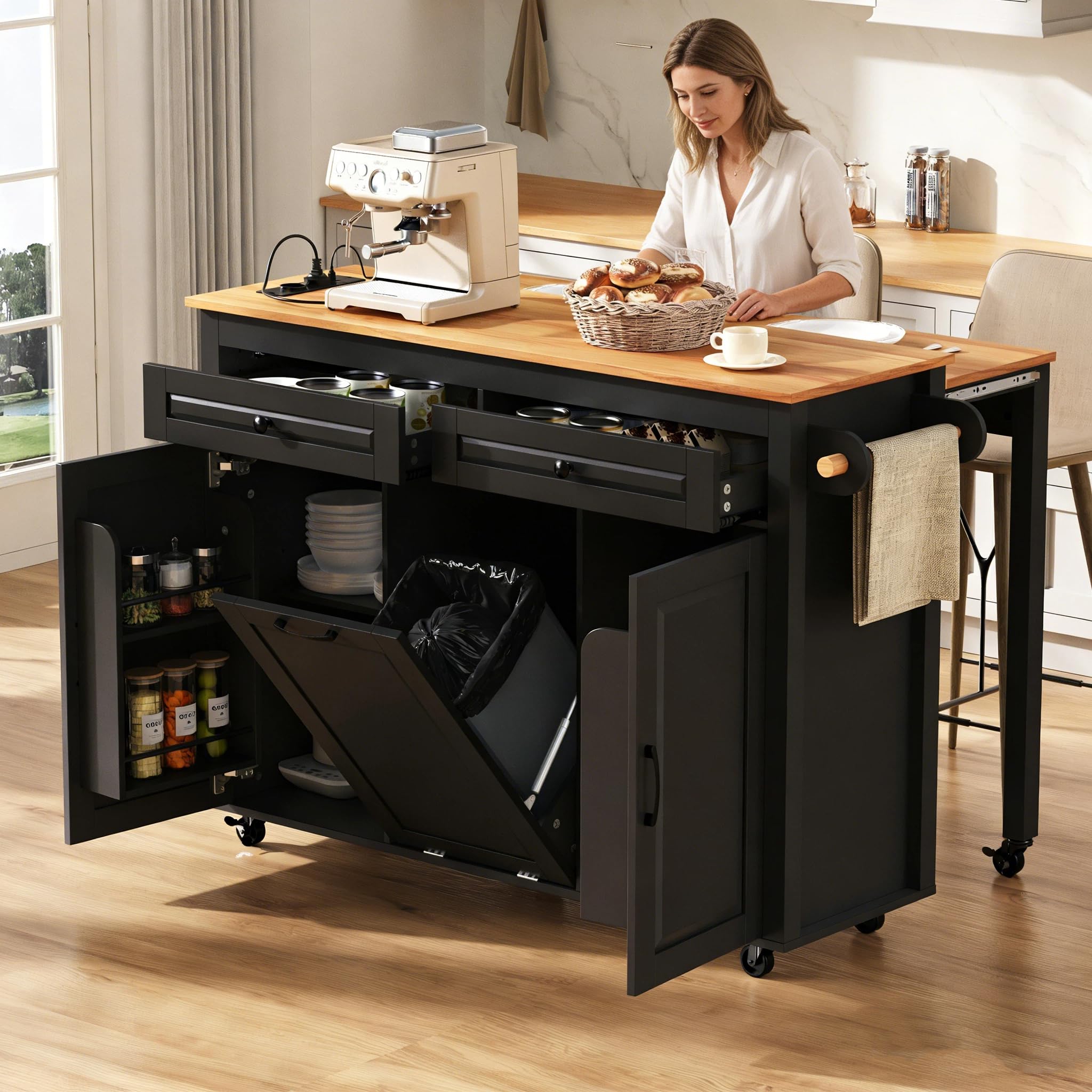 îLot De Cuisine sur roulettes, Extensible, avec Compartiment Poubelle, Autoportant, Multiprises, Tiroir Et éTagèRe à éPices à 3 Portes, pour Salle à Manger, 120×75×92 Cm, Noir