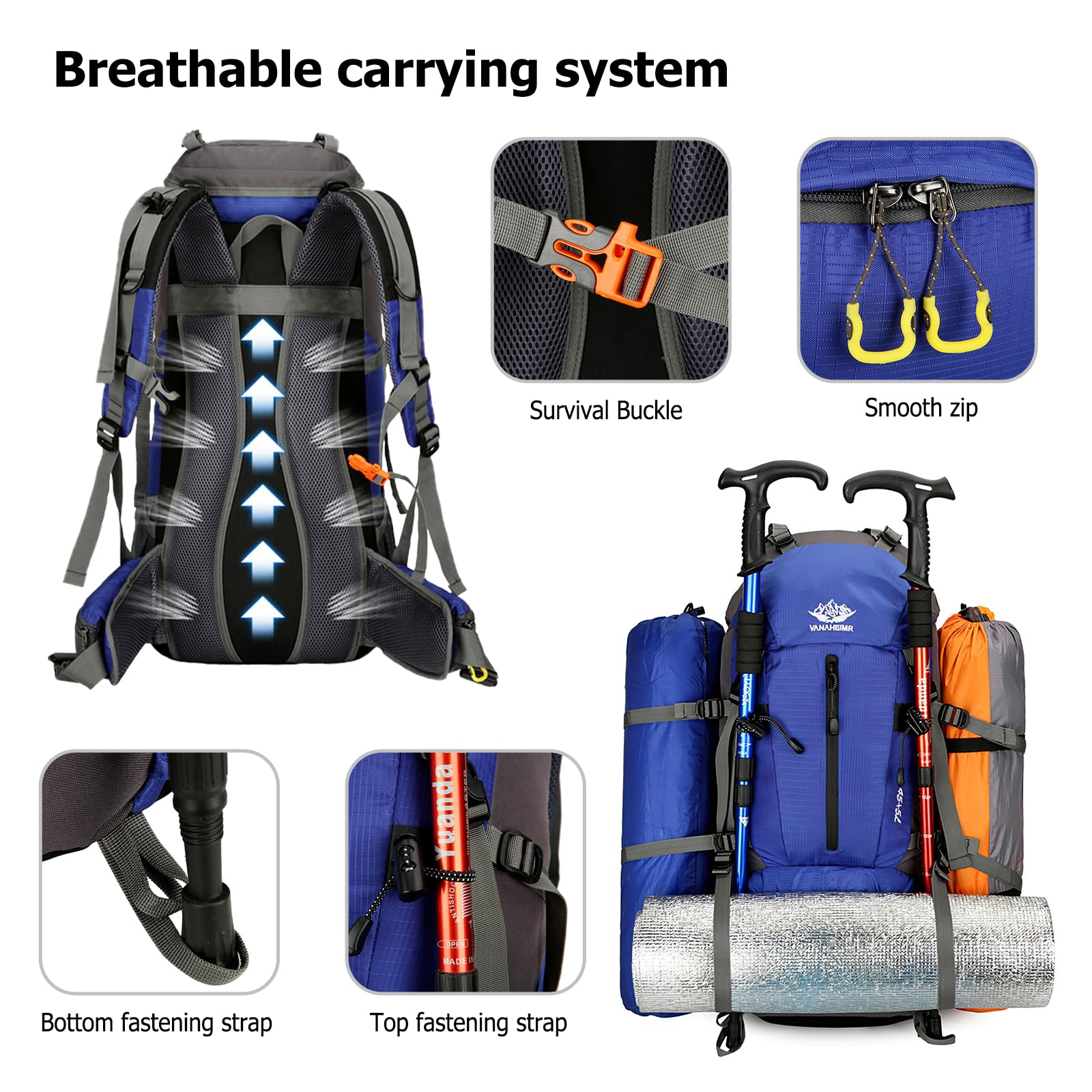 50L Zaino da Trekking Zaino Impermeabile Zaini con Copertura per la Pioggia Donna Uomo Backpack per Escursionismo Campeggio Arrampicata Viaggio Verde