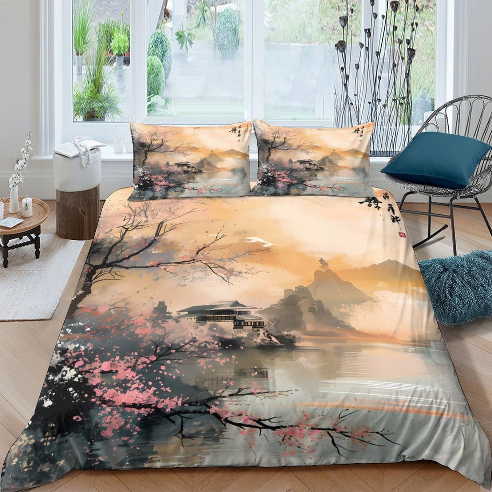Ctjqhvkz Style-7 3D Printed Chinese Ink Landscape Fitted Sheet Microfiber Soft Peach Blossom Bed Cover Bedroom Home Decor Single（135X200cm）