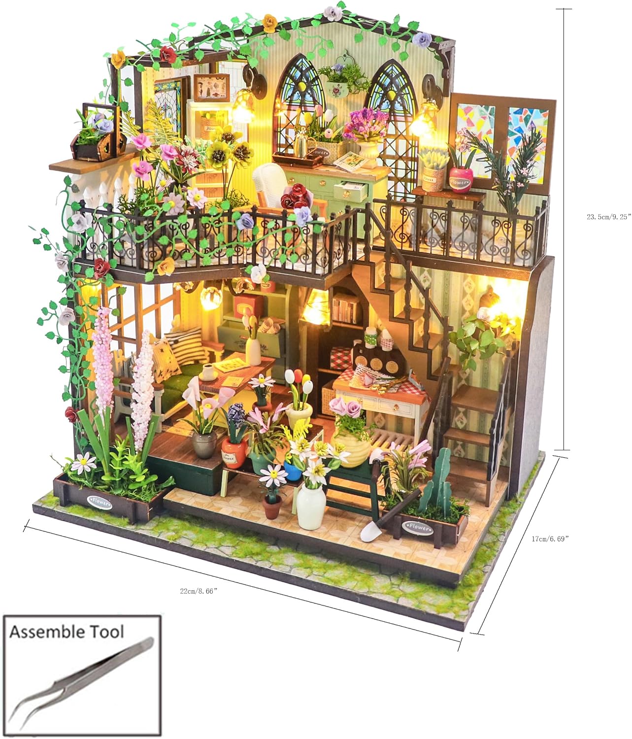 MAGQOO Miniature House Kit DIY Miniacture Dollhouse Kits with Furniture and LED 1:24 Wooden Dollhouse Kit (Daray Flower House)
