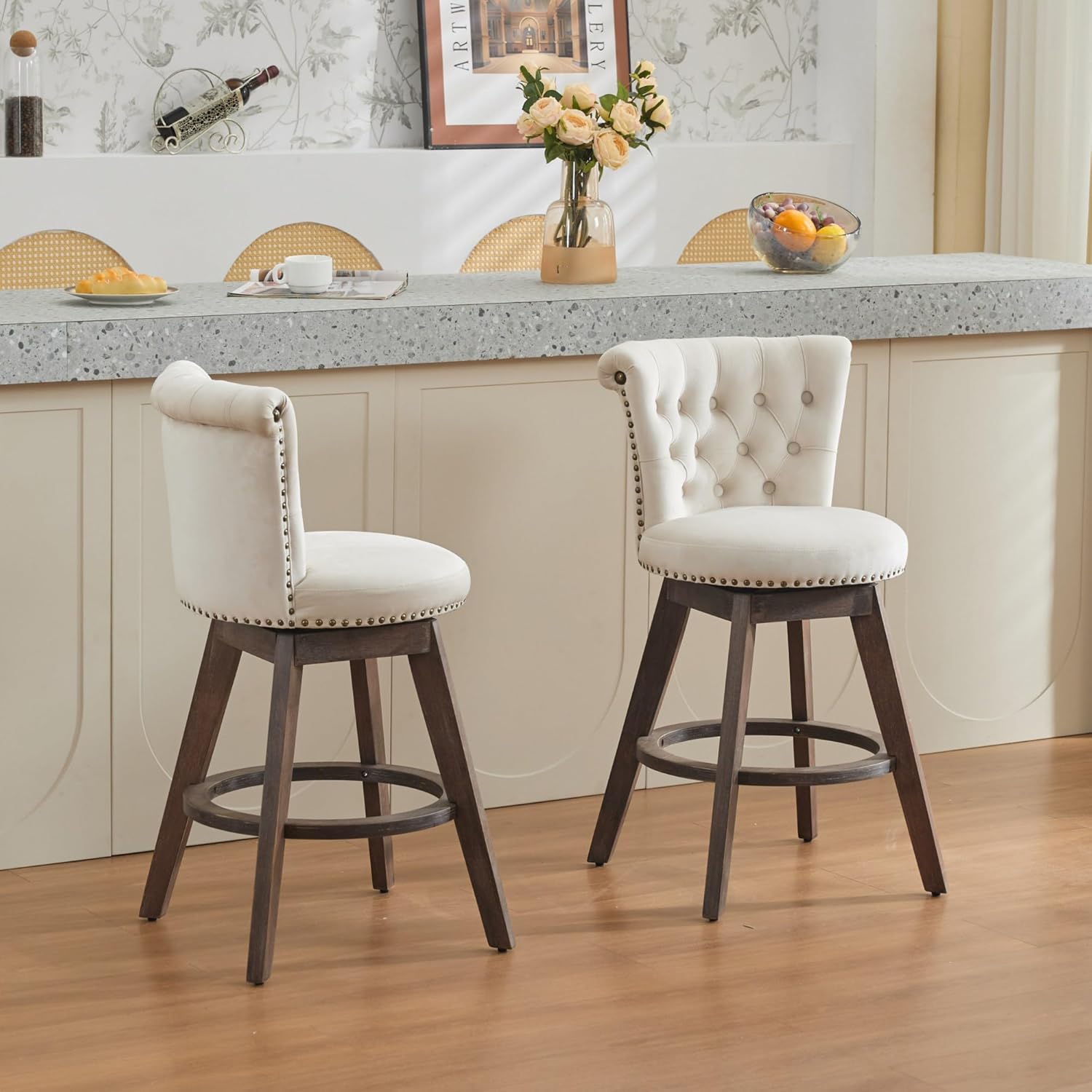 Ywin 26" Bar Stools Set of 2, 360°Modern Swivel Stools with Back & Hand, Upholstered Velvet Kitchen Counter Stools for Kitchen Island, Home Bar (Beige) (Beige)