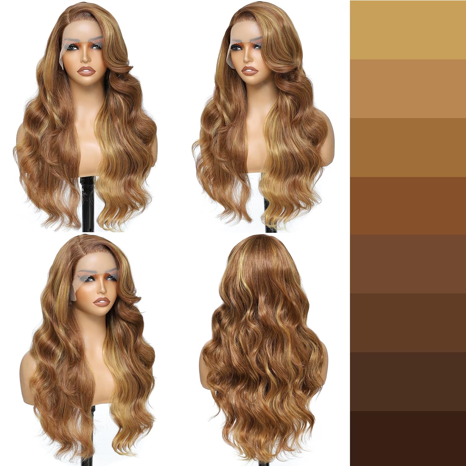 FABÉLLE Body Wave Honey Blonde Highlight Wig L Part HD Transparent Lace Front Wig for Women 24inch Layered Hiarstyle Glueless Wig Pre Plucked Natural Hairline Synthetic Lace Front Wig for Daily Party