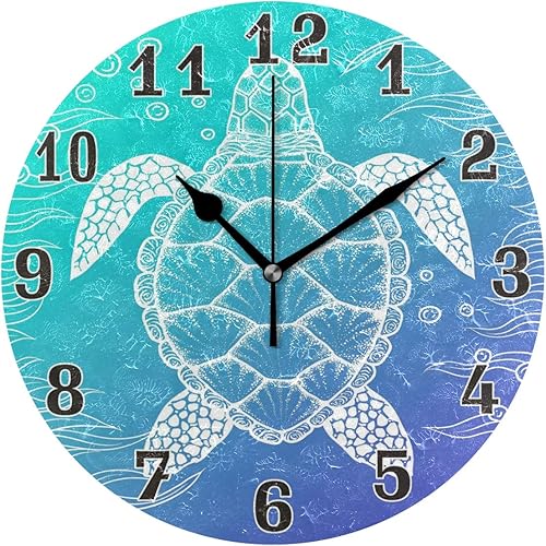 Reloj de pared redondo acrílico con diseño de tortuga de mar oceánico, pintura artística silenciosa sin tictac para niños, dormitorio, sala de