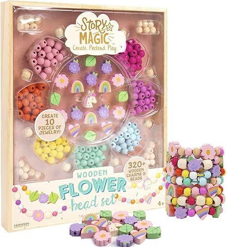 Story Magic Juego de cuentas de flores de madera, más de 300 cuentas de madera de agujero grande y dijes para pulseras de cuentas, kit de