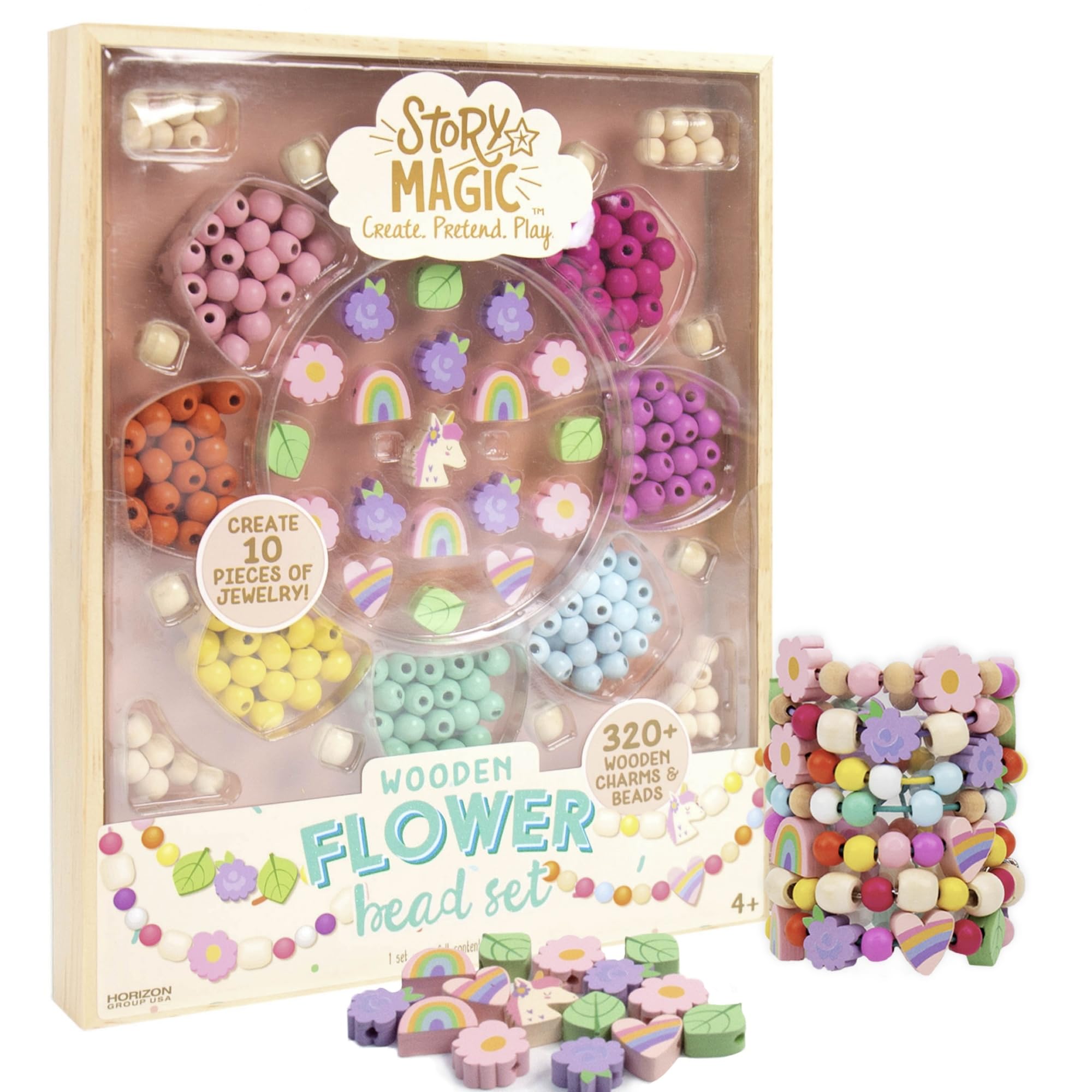 Story Magic Wooden Flower Bead Set, Over 300 Large Hole Wood Beads & Charms for Beading Bracelets, Bracelet Making Kit, Flower Bracelet Kit, Whimsical Bracelet Charms, Storage Tray Included, Ages 4+