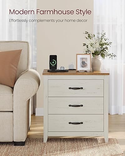 Miniatura 4 de VASAGLE LIRY Collection - Mesita de noche de granja con estación de carga, mesita de noche, mesa auxiliar con 3 cajones, para dormitorio, blanco