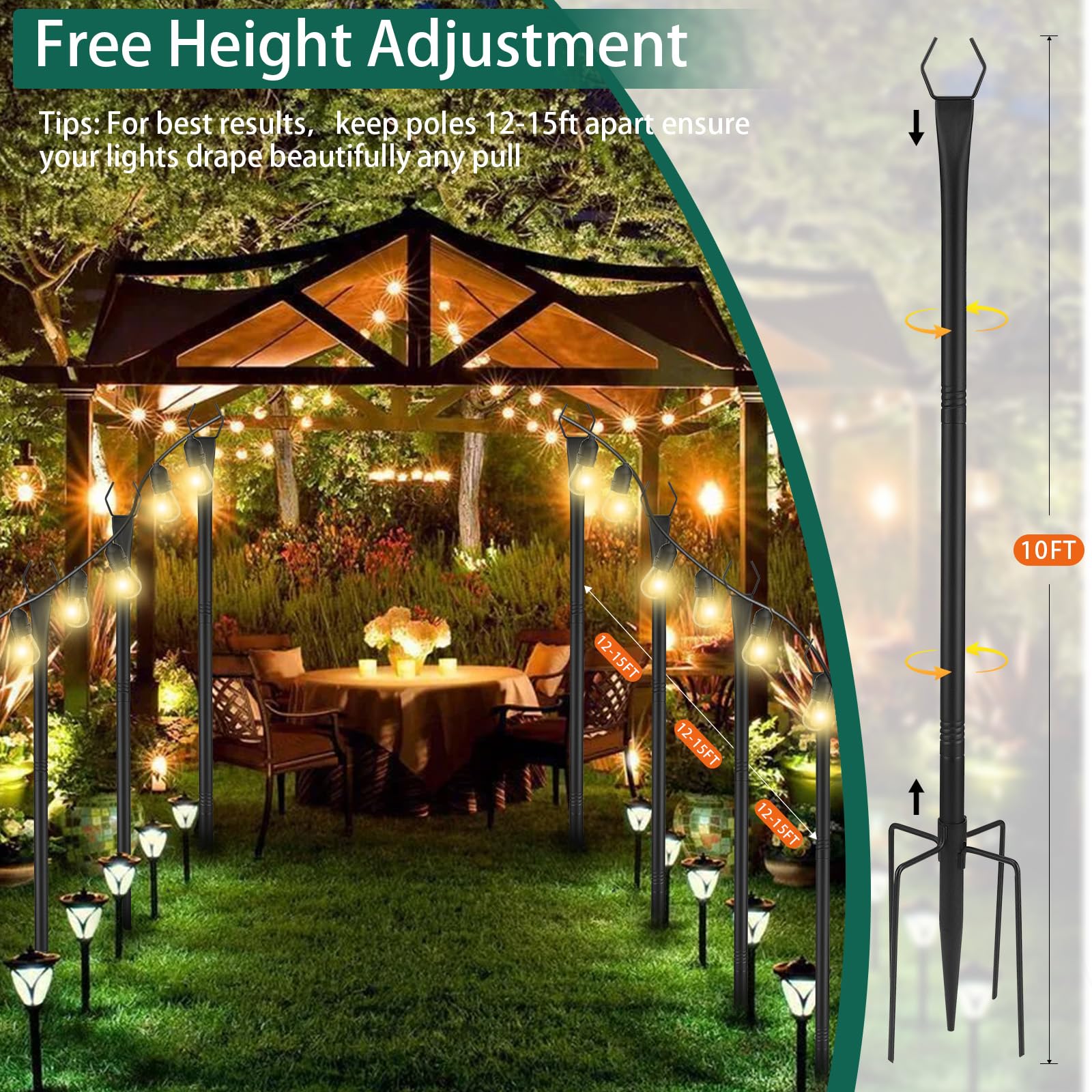 4 ganci per pastore da giardino, 300 cm, per casetta degli uccelli, da giardino, in metallo, nero, decorazione da giardino, per esterni (metallo nero)
