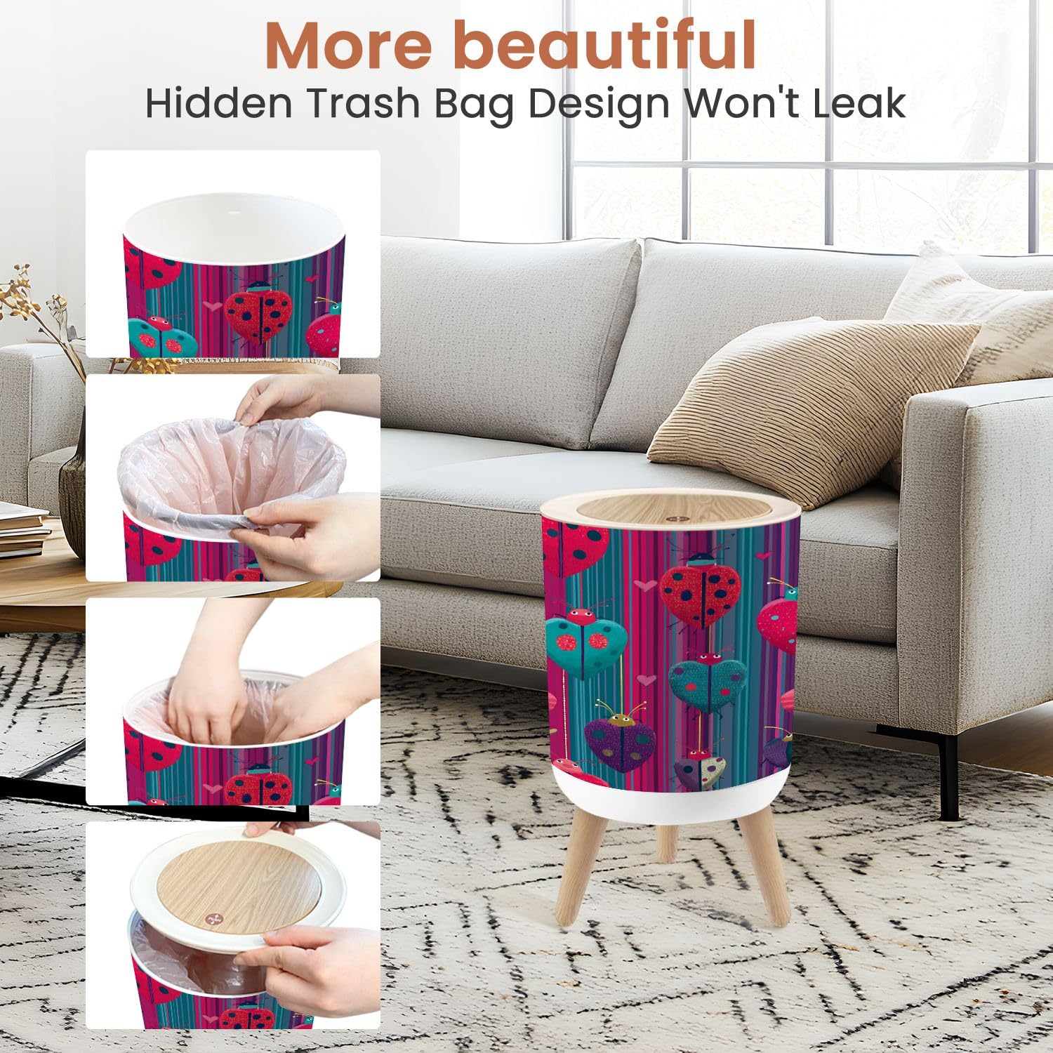 Bathroom Trash Can with Lid Bright Ladybird Print for Kids Room Nursery Decor Garbage Bin Waste Basket for Kitchen Office Bedroom Decoration Diaper Pail 1.8 Gallon