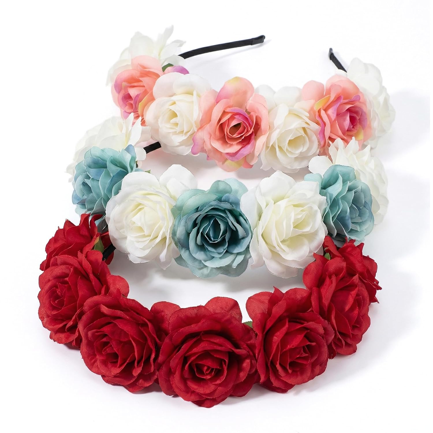 FOMIYES 3pcs Flower Crown Headbands: flower headbands for women, Party Costume Headpiece, Boho Floral Headpiece for Wedding Party Festival Photos,Pink white mixed, blue white mixed, bright red