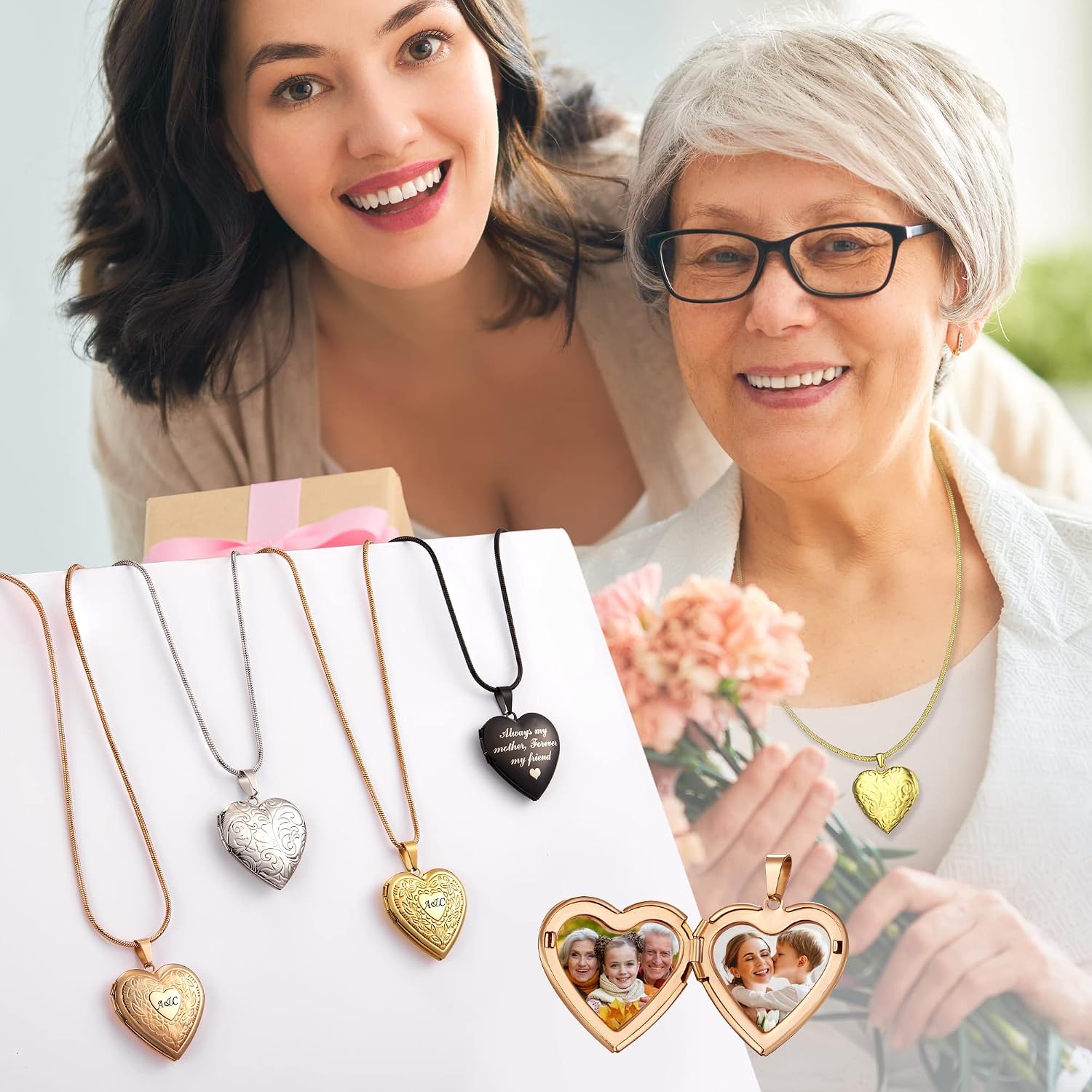 Fanery Sue Personalized Heart Locket Necklace for Women with Photos Inside | Holds 2 Pictures Lockets Jewelry, Custom Engraved Text, Stainless Steel, 1.1in Pendant, Memorial Mothers Day Gift for Mom
