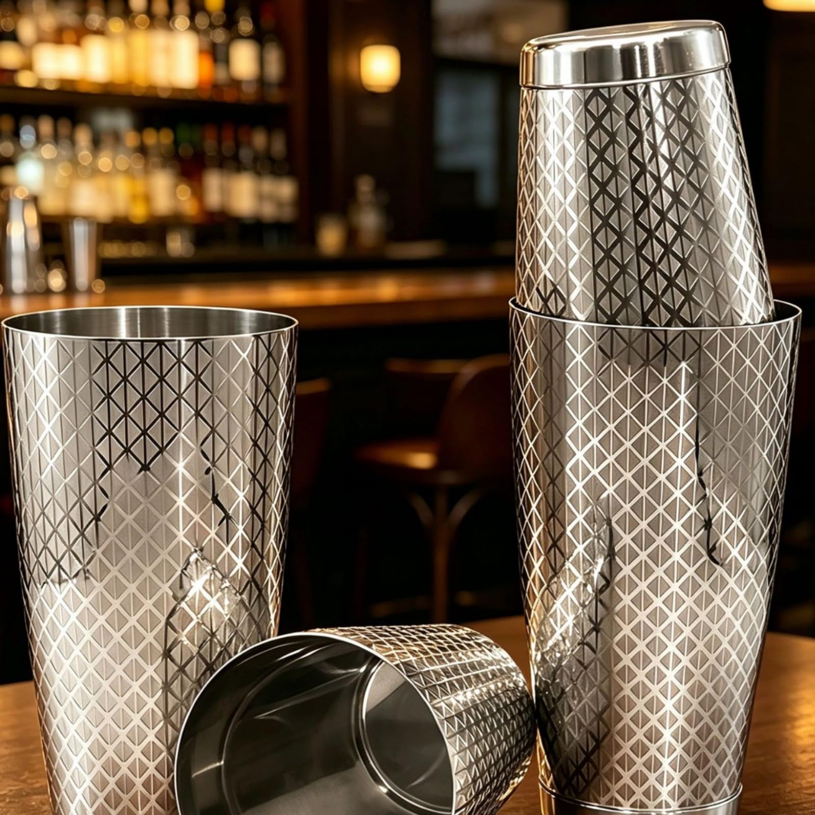 7 Pezzi Kit da Bar con Borsa Professionale Kit da Cocktail con Borsa Compatto Shaker Accessori per Barman, Casa, Set Da 7 Pezzi Boston Con Motivo A Rombi Inciso, Con Base
