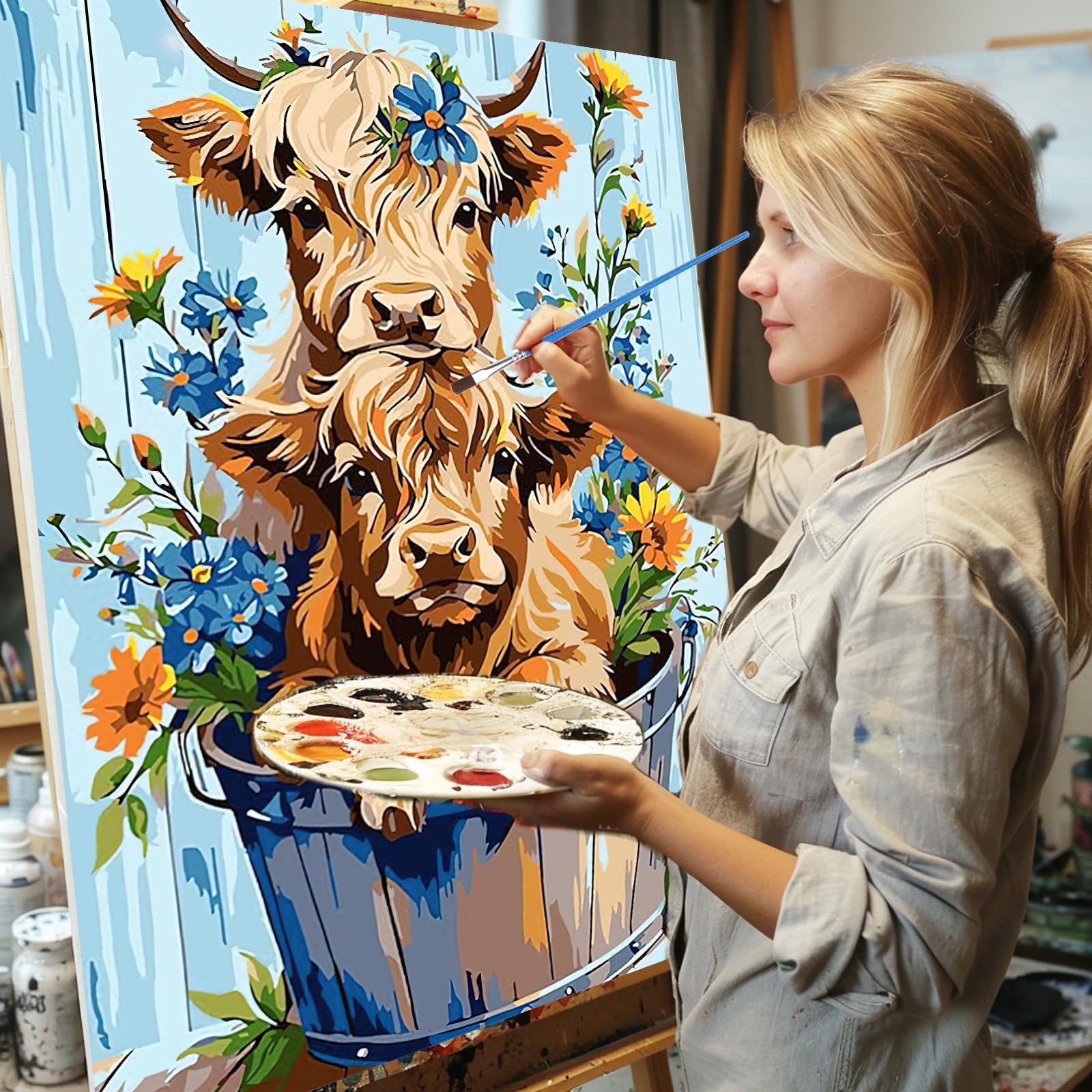 HEIBAGO Ingelijst schilderij op nummers voor volwassenen, 4 stuks dieren schilderen op nummer voor beginners, doe-het-zelf kat olieverfschilderij op nummer voor decoratie, 20 x 20 cm