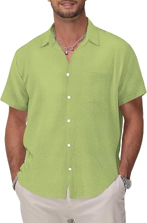KYKU Cotton Shirts for Men Short Sleeve Button Down Textured Summer Shirt