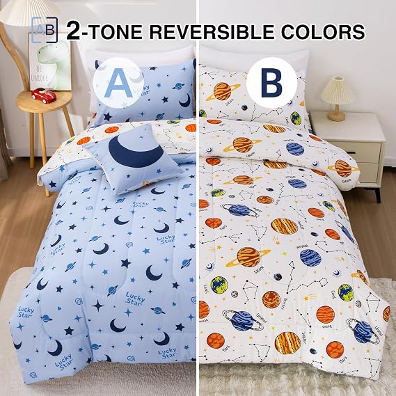A Nice Night Galaxy Bedding Sets Outer Space Blue Star and Moon Comforter 3D Printed Bed Set Twin 6Pcs,Room Decor for Children Boy Girl Teen Kids