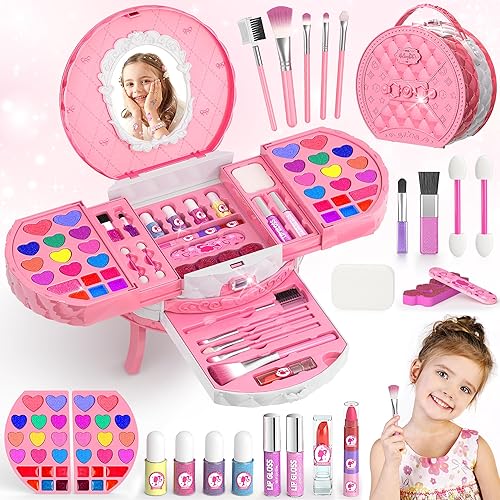 PERRYHOME Kit de maquillaje infantil para niña, juego de cosméticos reales lavables con espejo, juego de maquillaje para niños no tóxicos, kit de