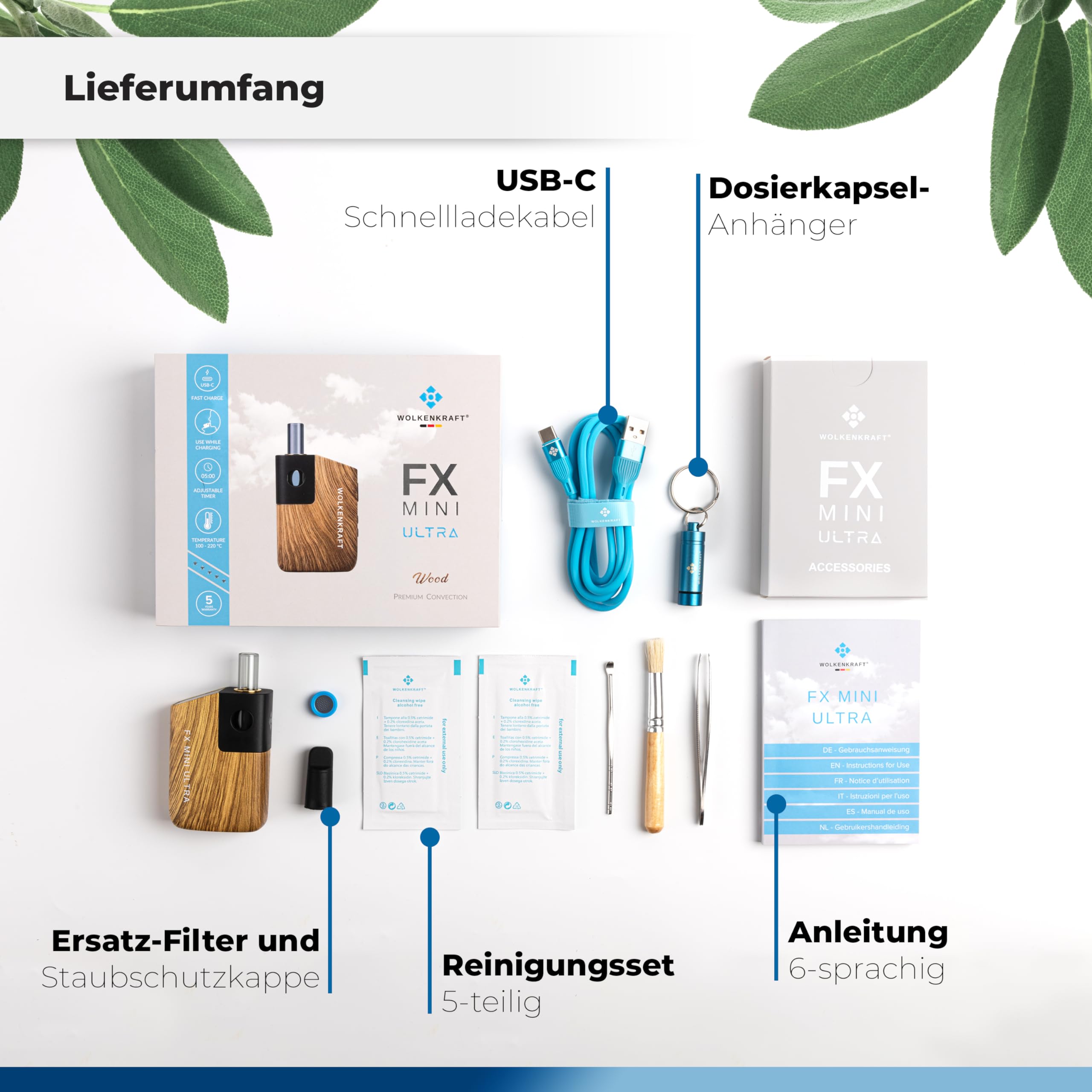 WOLKENKRAFT FX MINI ULTRA Premium Vaporizer *Holzoptik* | Für Kräuter & Extrakte | USB-C | magnetisches Mundstück | Titankammer | 100 - 220 °C | 3 - 5 Min. Timer | 100% Konvektion