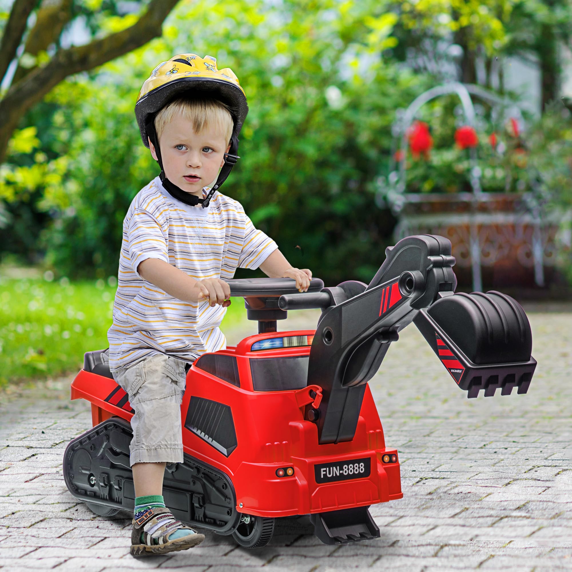 HOMCOM Ruspa Giocattolo con Volante e Benna di Scavo, 3 in 1 Macchina Cavalcabile per Bambini da 18 Mesi-2 Anni, 100x43x48.5 cm, Rosso