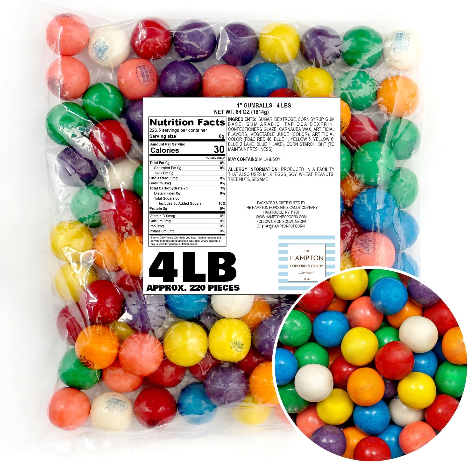 1 Inch Gumballs for Gumball Machine, Approx. 220 Pieces, 4lb Bulk Bag, Large Gumballs, Dubble Bubble Assorted Fruit Flavored Bubble Gum, Gumball Machine Refills