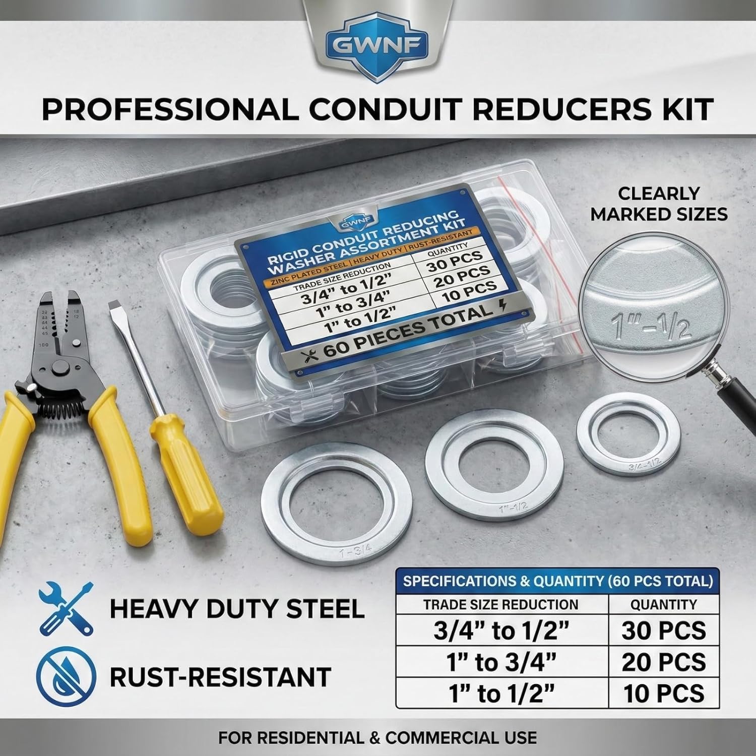 60 Pcs Rigid Conduit Reducing Washer Assortment Kit, 3/4" to 1/2", 1" to 3/4", 1" to 1/2" Trade Sizes, Zinc Plated Steel Knockout Reducers for Electrical Outlet Boxes, Heavy Duty Rust-Resistant