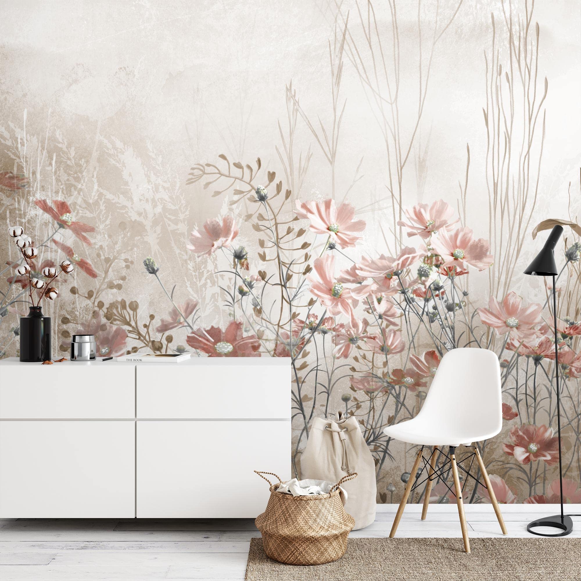 Runa Art Fototapete Blumenwiese Vintage 352 x 250 cm Vlies Tapeten XXL Moderne Wandtapete Wohnzimmer Schlafzimmer Beige 9564011a