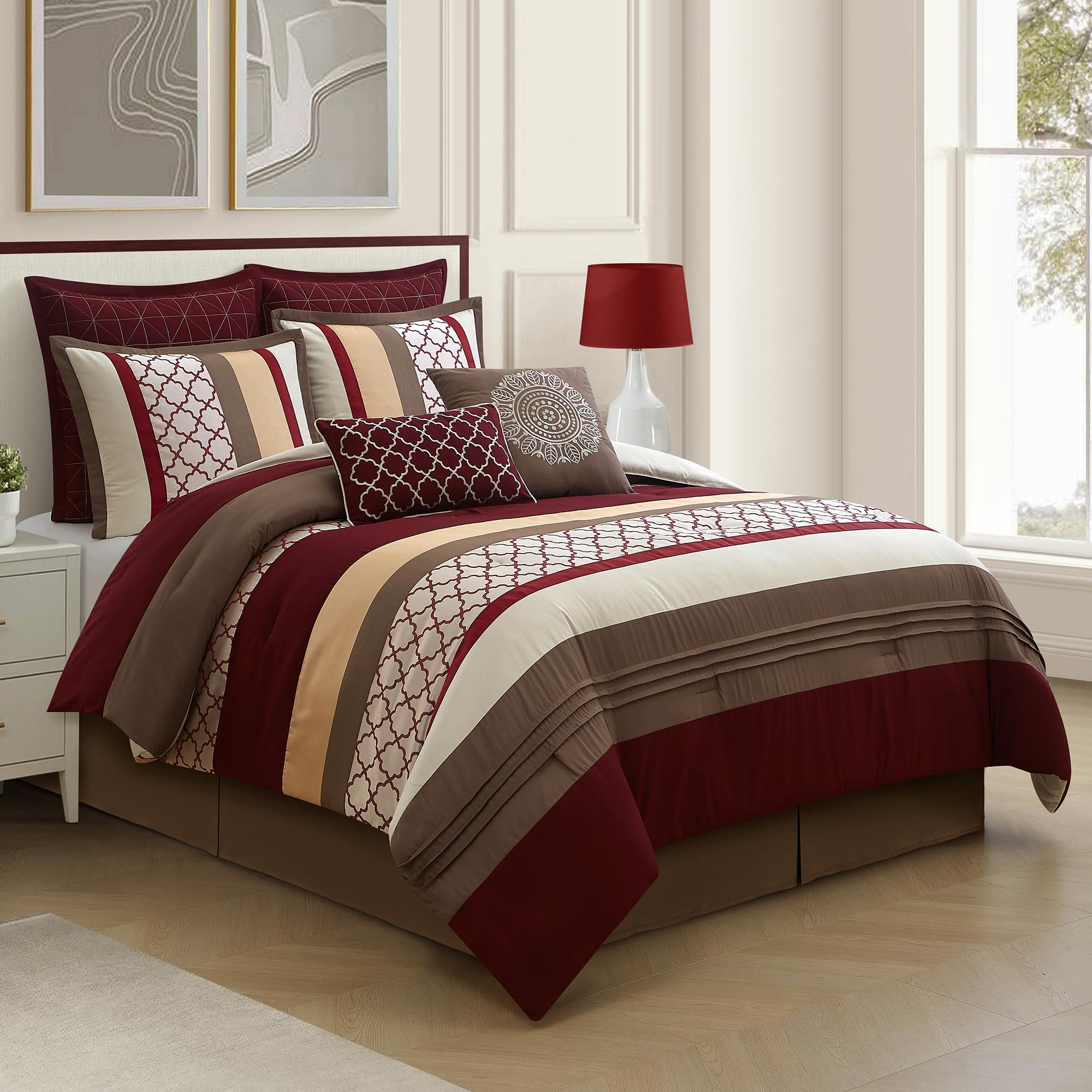 LANCO MODERN LIFESTYLE Queen Comforter Set, Berry Taupe Bedding Set, Jacquard Woven with Embroidery, 8 Pieces Bed in a Bag, Bed Skirt, Shams and
