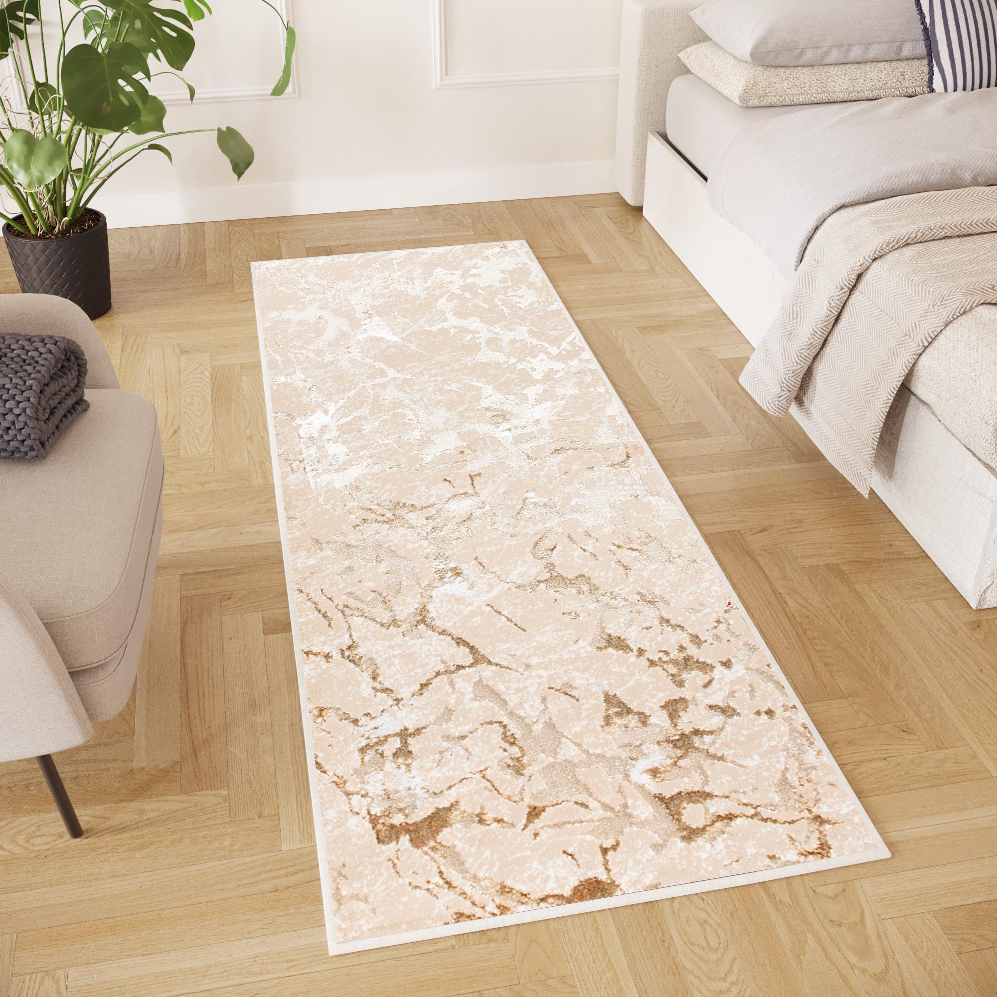 TAPISO Crystal Läufer Teppich Glänzend Beige Gold Creme Marmoreffekt Abstrakt Wohnzimmer Schlafzimmer Flur Korridor Modern Design ÖKO-TEX 80 x 200 cm