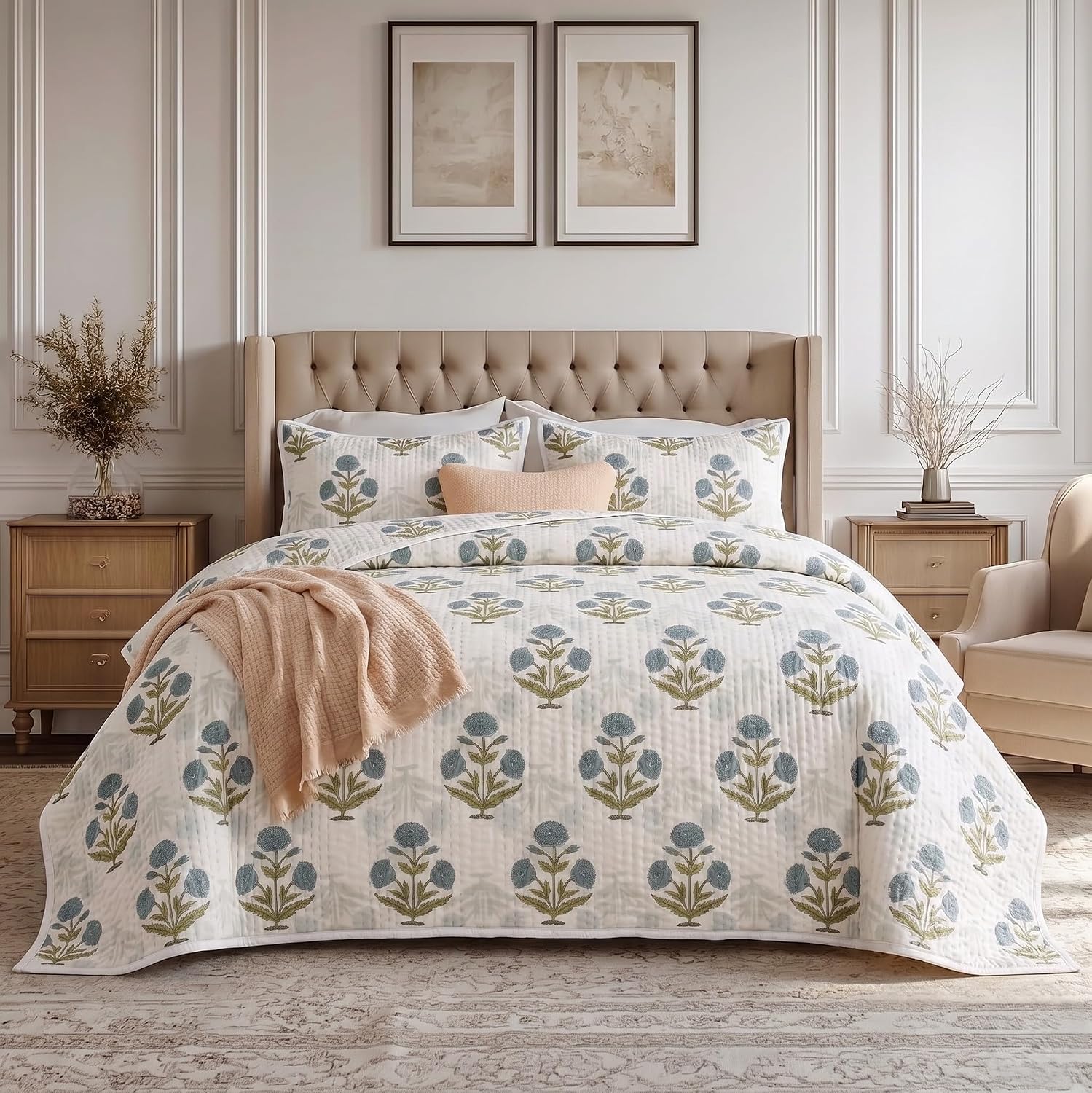 Hand Block Printed Blue Green Floral Baby Quilt 40x60 Inches, Cotton Kantha Throw with Solid Back, Mughal Buta Soft Toddler Blanket, Handmade Indian Crib Bedding, Single Sided Light Comforter